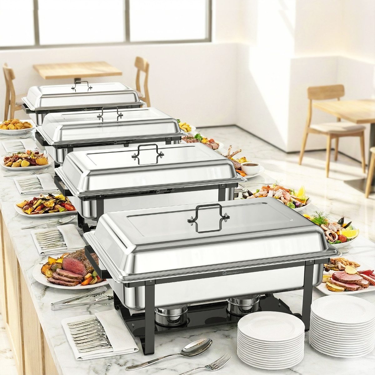 Warmounts Speisenwärmer, (4-tlg., 10L Buffetwärmer Chafing Dish Buffet Warmhalter-Set Edelstahl), GN 1/1, stapelbar, mit Deckelhalter für Catering & Events