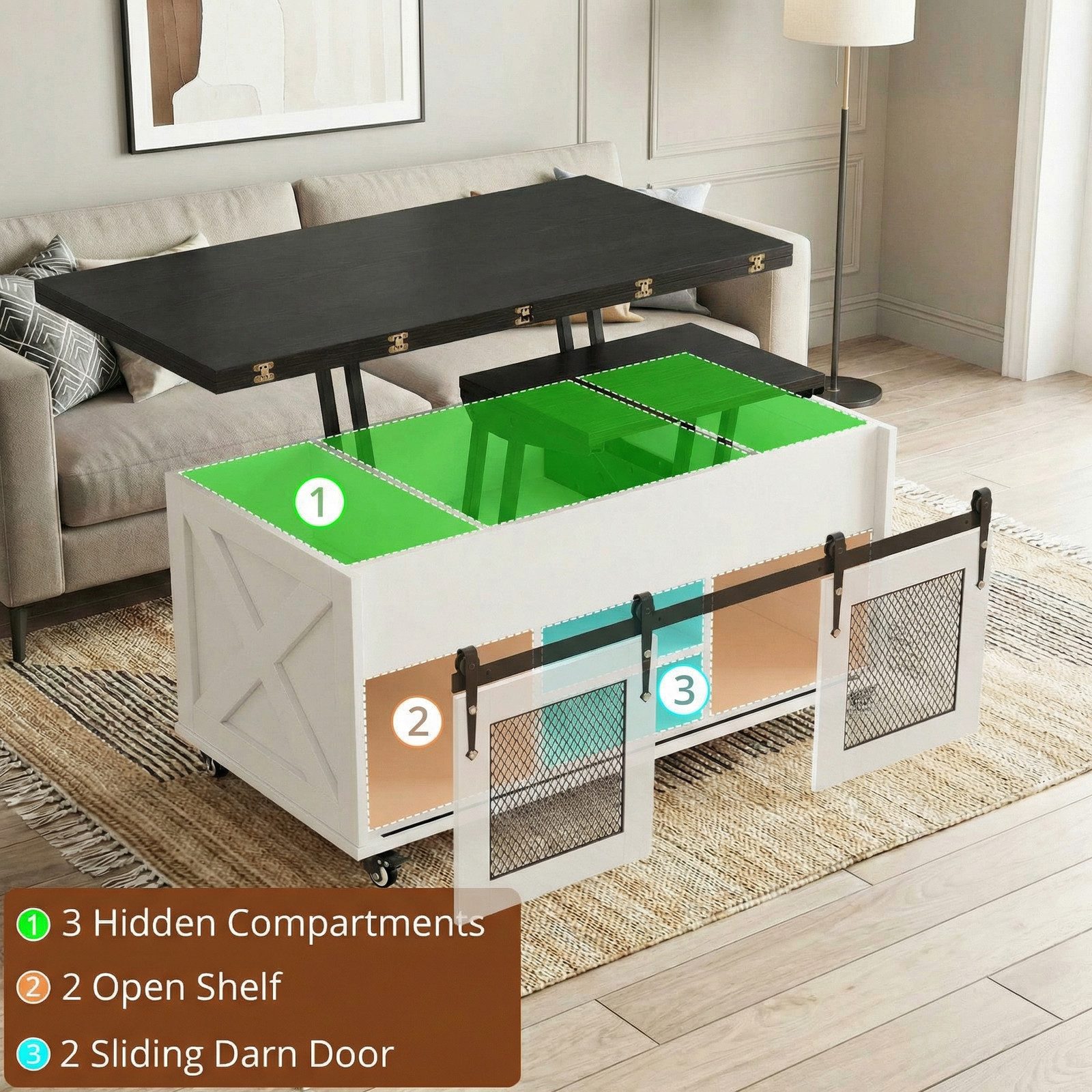VOWNER Couchtisch 3-in-1 Wohnzimmertisch mit Rollen & Versteckaufbewahrung (1-St), Höhenverstellbarer Esstisch, Bauernhausstil – Bild 5 von 5