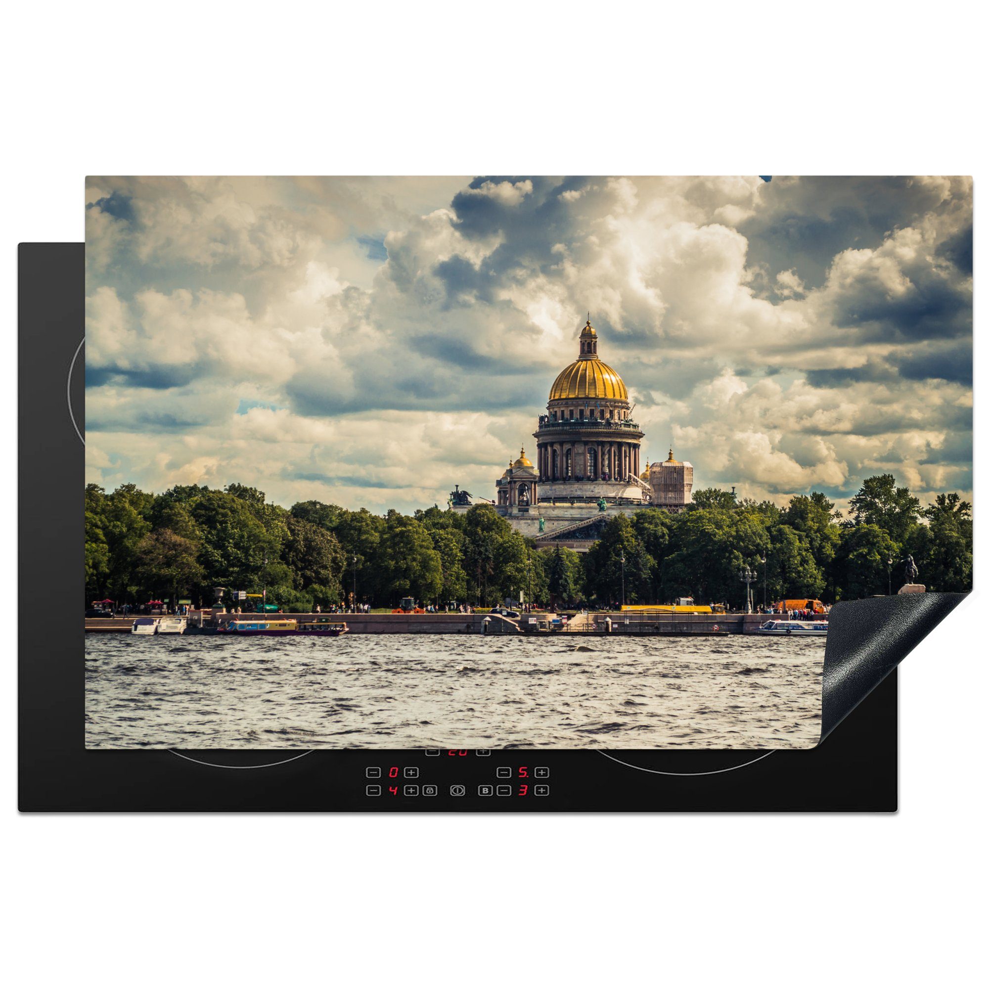 MuchoWow Herdblende-/Abdeckplatte Panoramablick auf die Izaak-Kathedrale in St. Petersburg, Vinyl, (1 tlg), 81x52 cm, Induktionskochfeld Schutz für die küche, Ceranfeldabdeckung