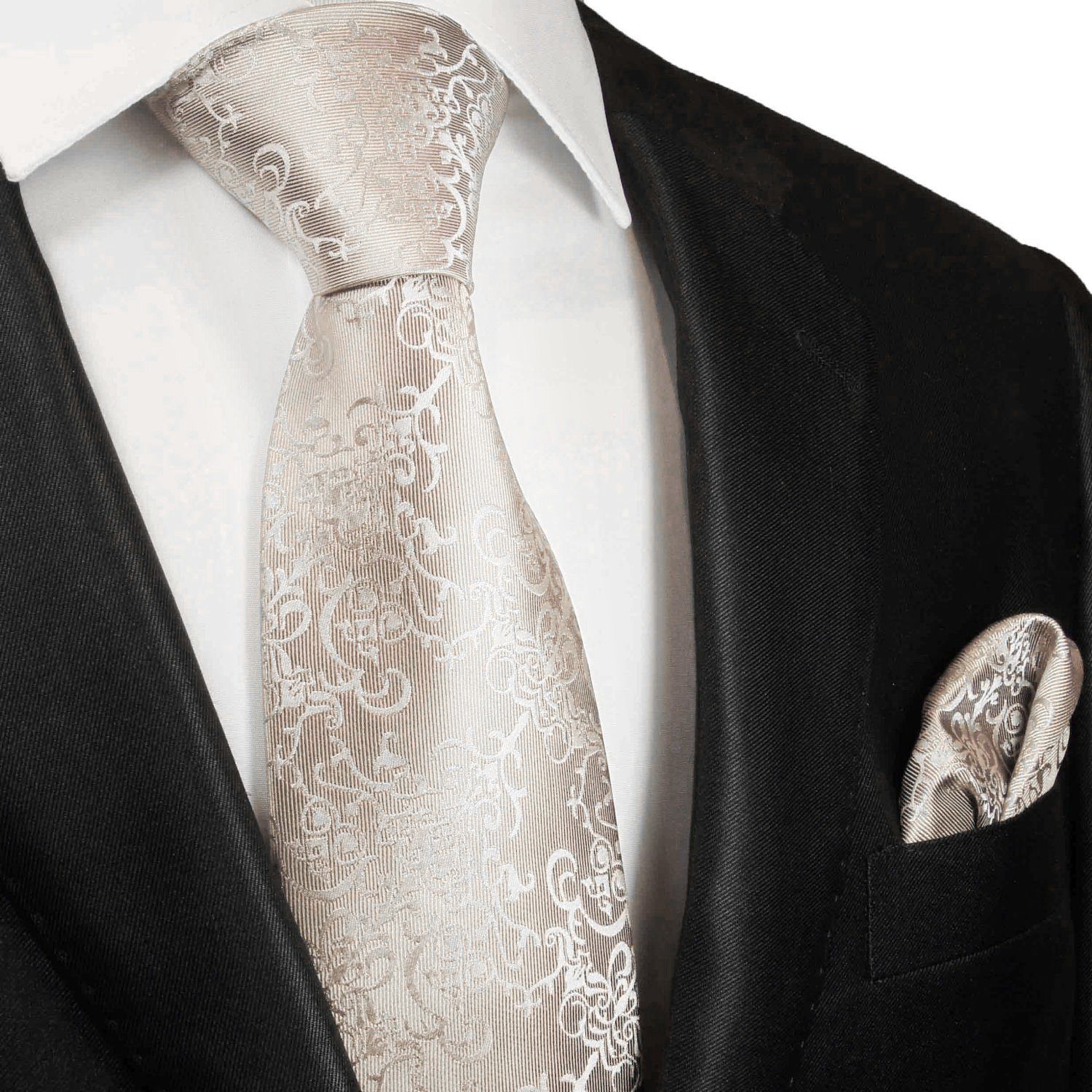 Paul Malone Krawatte Bräutigam Hochzeitskrawatte mit Tuch 100% Seide Hochzeit barock (Set, 2-St., Krawatte mit Einstecktuch) Schmal (6cm), ivory wollweiß 2116