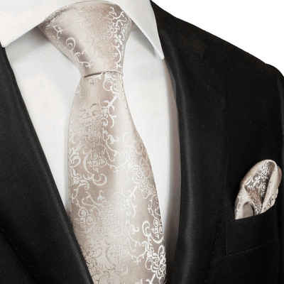 Paul Malone Krawatte Bräutigam Hochzeitskrawatte mit Tuch 100% Seide Hochzeit barock (Set, 2-St., Krawatte mit Einstecktuch) Breit (8cm), ivory wollweiß 2116