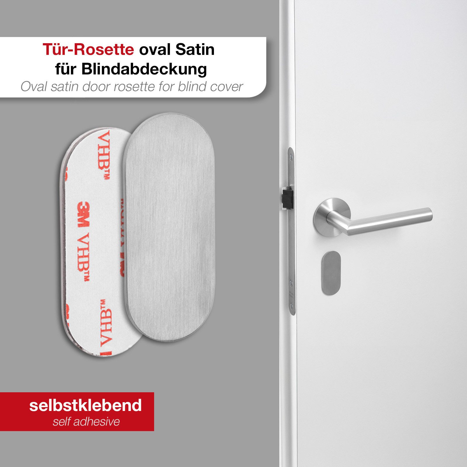 SO-TECH® Türbeschlag selbstklebende Edelstahl Tür-Rosetten mit 3M-VHB-Klebepad (1 St), Blindrosette oval 65x28x2mm satiniert – Bild 2 von 5
