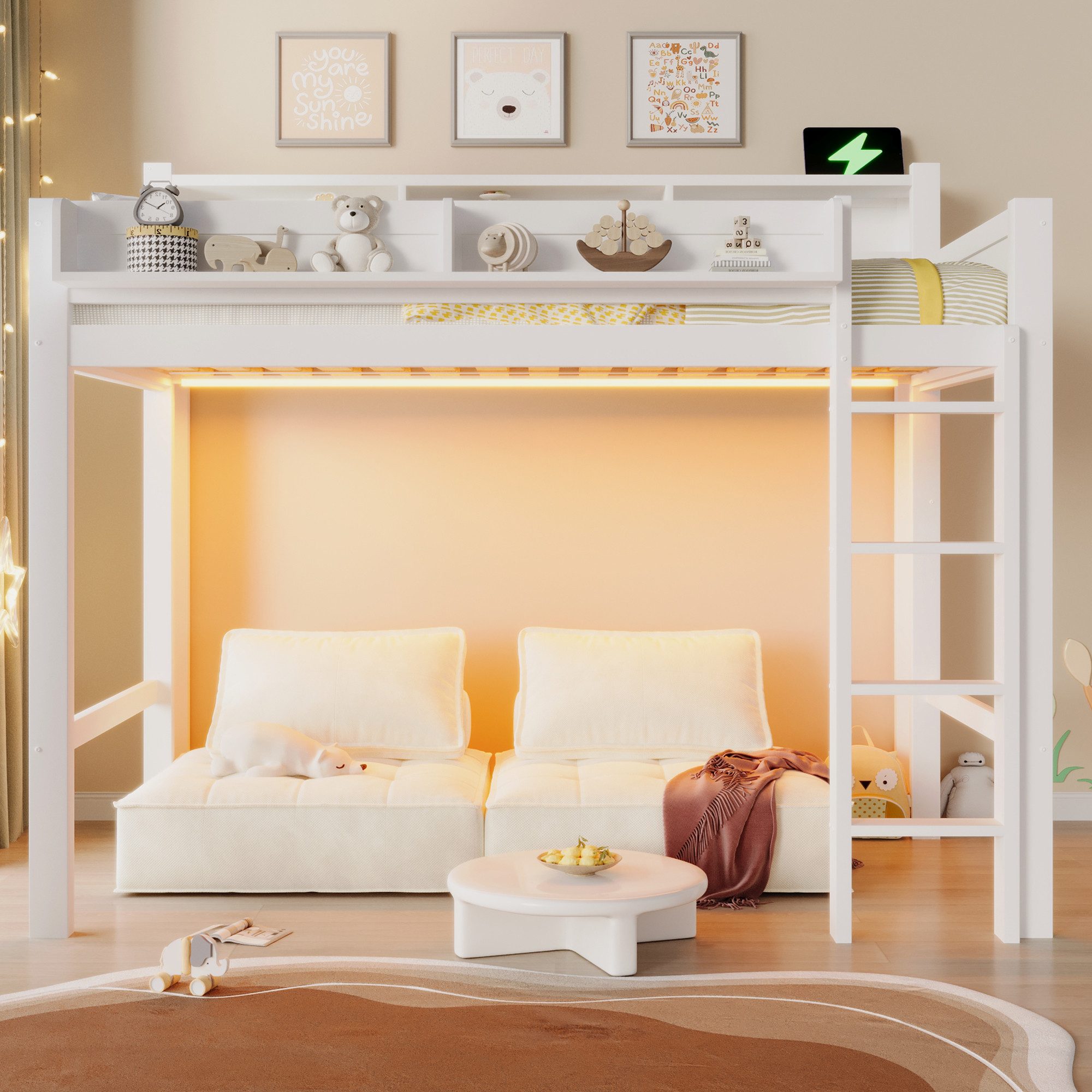 Merax Hochbett mit LED-Beleuchtung & USB-Anschluss (1-St., Jugendbett Einzelbett Holzbett) Kiefer Kinderbett 90x200cm mit Schreibtisch Geländer Leiter Stauraum – Bild 3 von 5
