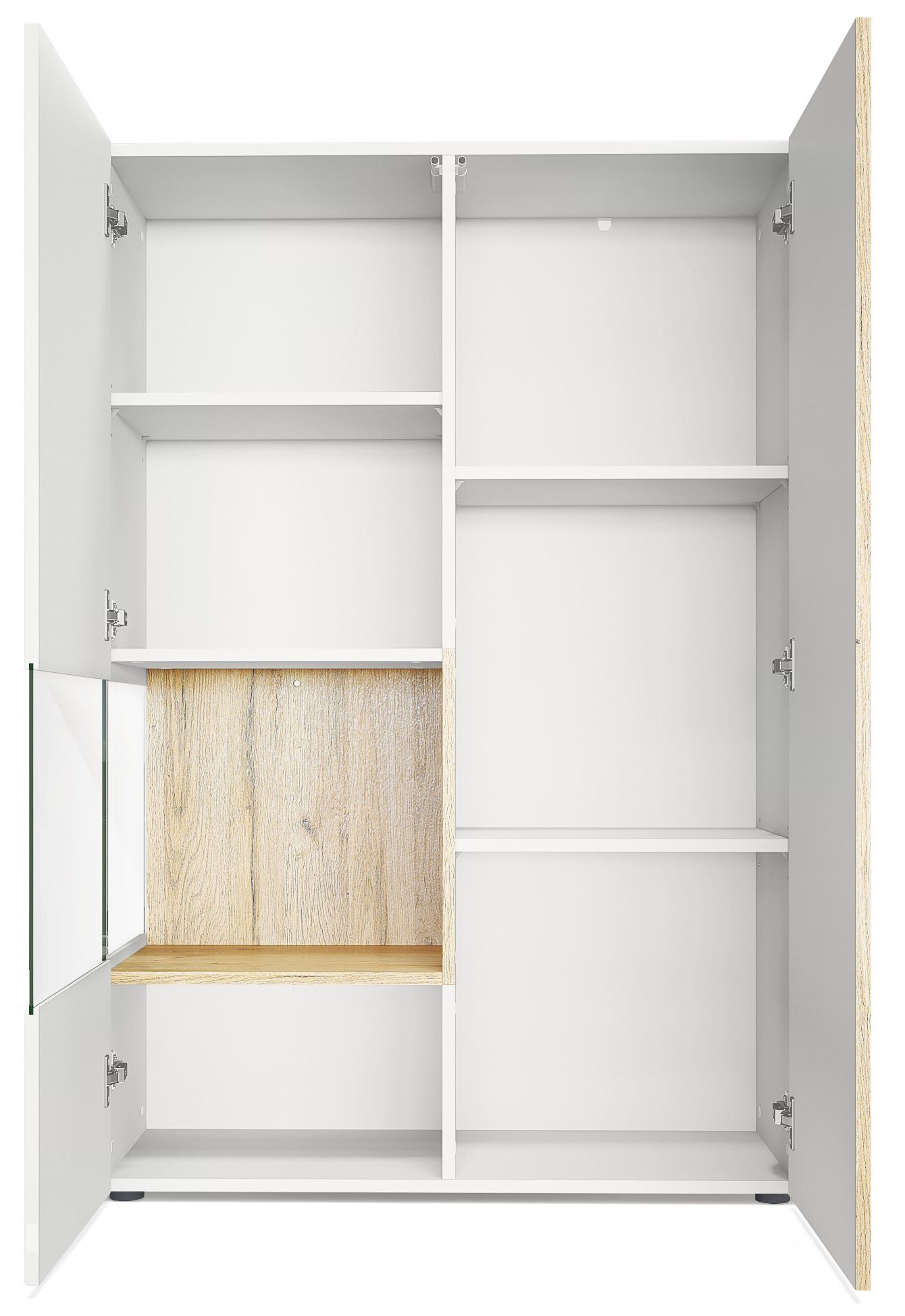 Vladon Standvitrine Morena V2 (Standvitrine, mit 2 Türen und Glaseinsatz) Weiß matt/Weiß Hochglanz/Sandgrau Hochglanz (91,5 x 136,5 x 37 cm)