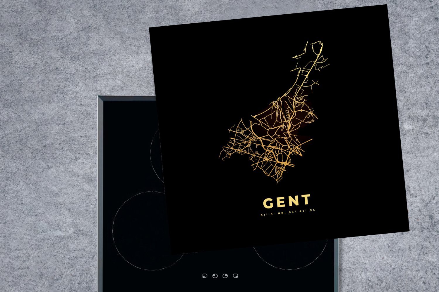 MuchoWow Belgien Karte, Vinyl, 78x78 cm, küche (1 Ceranfeldabdeckung, - Arbeitsplatte Gold Herdblende-/Abdeckplatte - tlg), - - Karte Gent Stadtplan für -