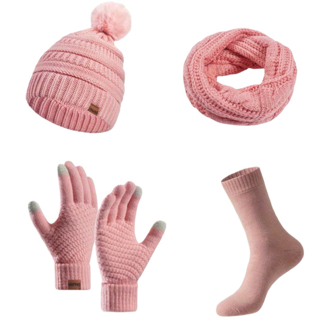 Beanie Winter Damen Strickset – Mütze, Schal, Handschuhe & Socken 4-teilig