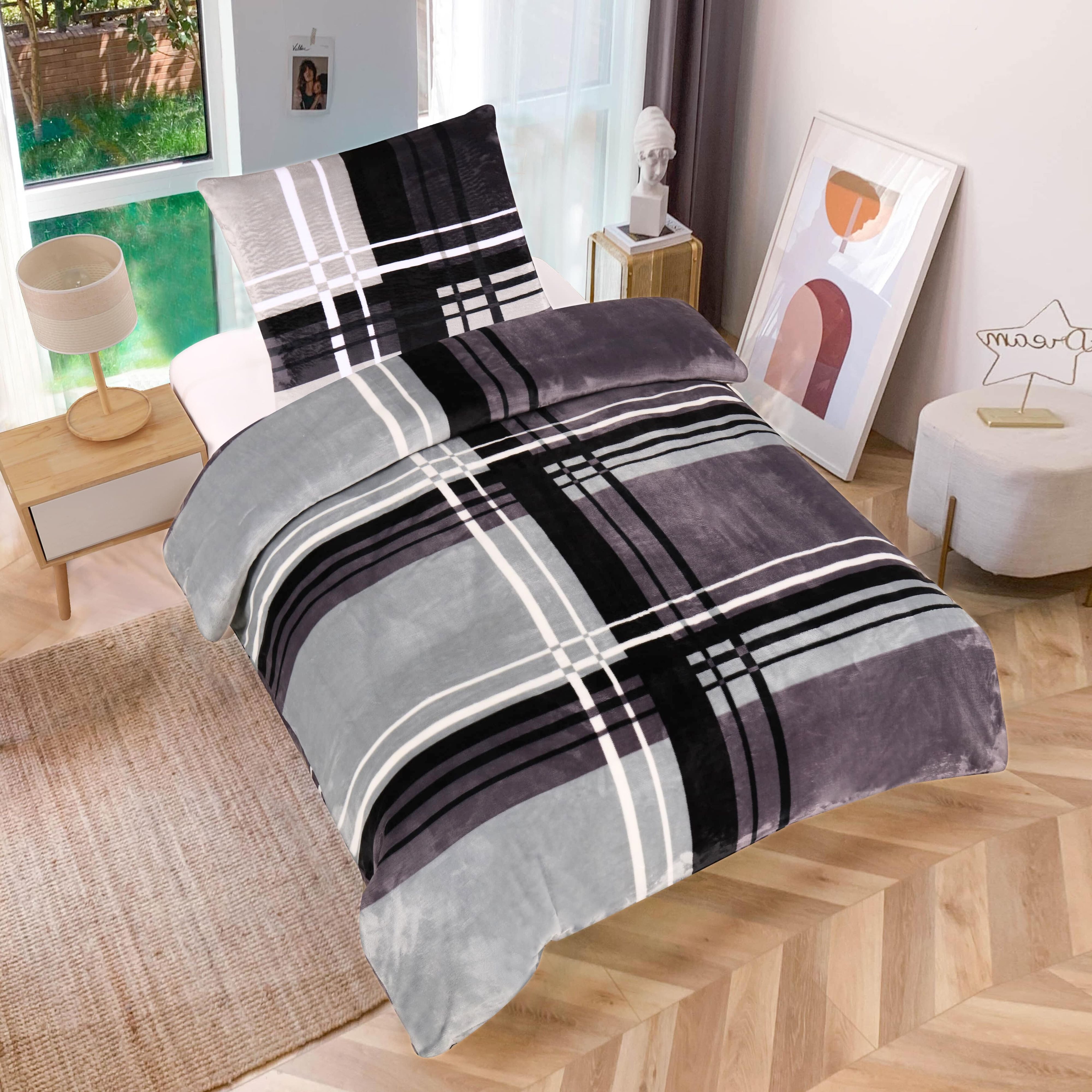 One Home Bettwäsche Winter Cashmere Touch Adzo, Fleece, 4 teilig, gestreift grafisch, flauschig warmes Teddy Plüsch Normalgröße – Bild 2 von 5