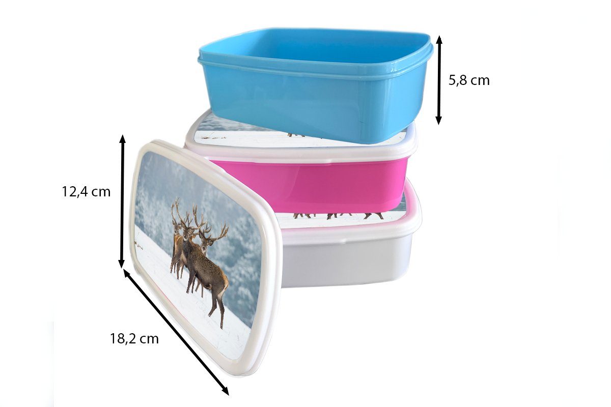 Winter Hirsche - Lunchbox - rosa Brotdose - Snackbox, Schnee für Kunststoff Landschaft Tiere Kinder, - - Natur, Erwachsene, (2-tlg), MuchoWow Mädchen, Brotbox Kunststoff,