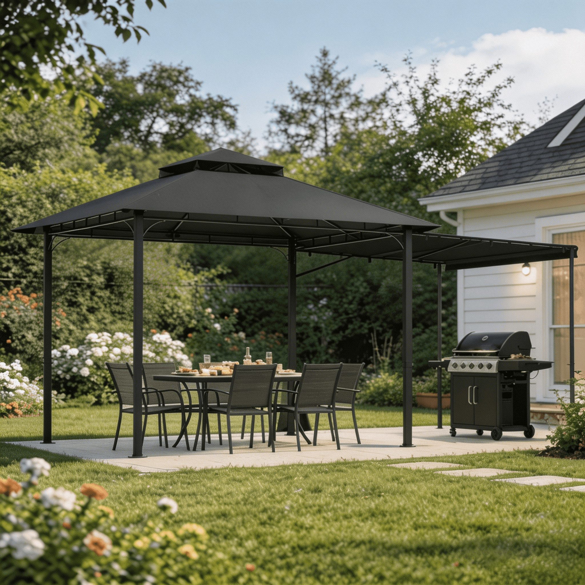 HOMALL Extend Grillpavillon, mit 1.8m ausklappbarer Seitenveranda, mit 4 Seitenteilen, (Ausziehbarer Seitenmarkise flexibel verstellbare Schattenflächen), Verstellbarer Pavillon 3–4,7 m, mit Moskitonetz für 6-10 Personen