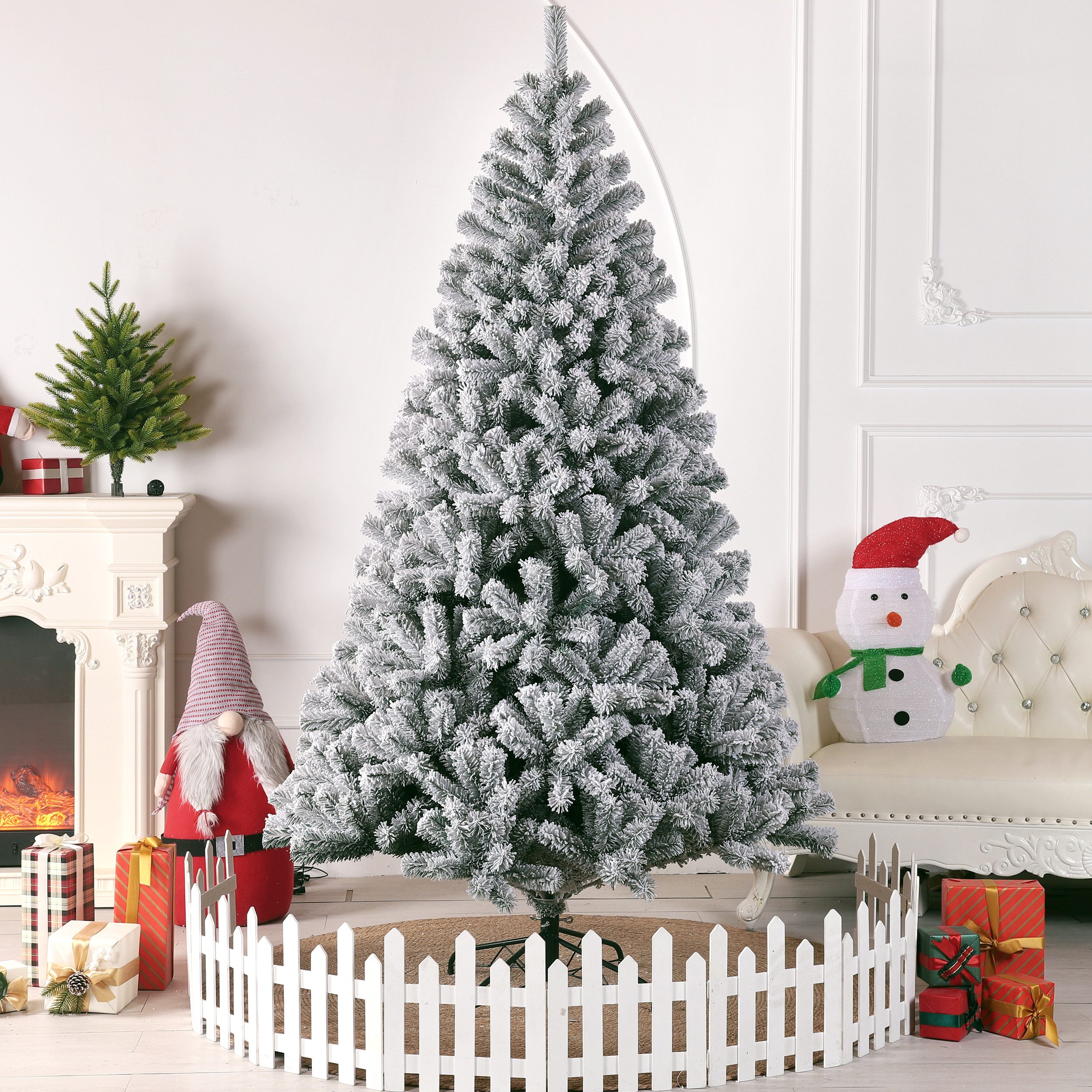 Sinaopus Künstlicher Weihnachtsbaum mit Schnee, Tannenbaum mit Beleuchtung, PVC, 180/210 cm, Tannenbaum künstlich, mit Lichterkette und Handschuhe, Schneebedeckter Weihnachtsbaum für Innen & Außen, 1100 Spitzen, schwer entflammbar und sicher für den Innenbereich