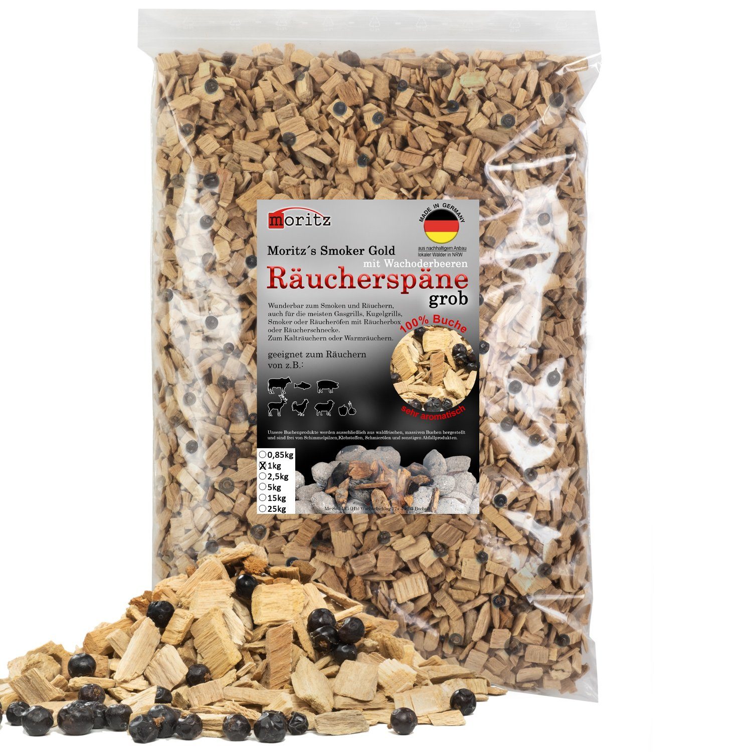 Moritz Räucherbox 1kg Räucherspäne Buche mit Wacholder grob 6 -12 mm zum smoken, räuchern/kalträuchern von Fleisch, Fisch, Gemüse geeignet