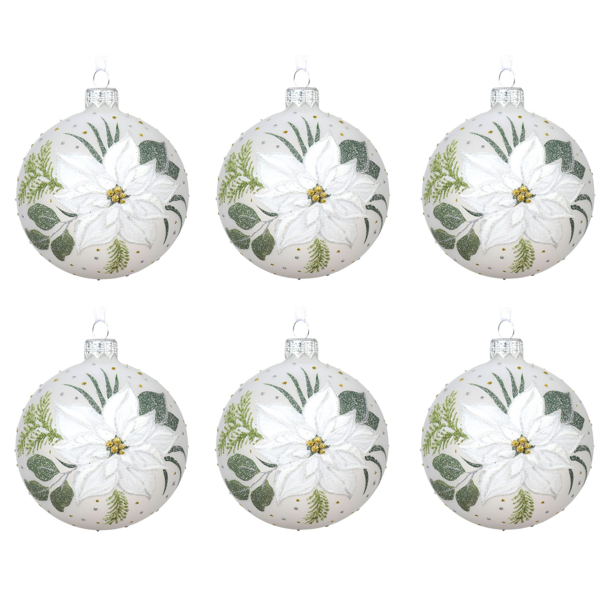 Kaemingk Weihnachtsbaumkugel, Weihnachtskugeln Glas 8cm Weihnachtsstern Motiv 6er Set Winterweiß