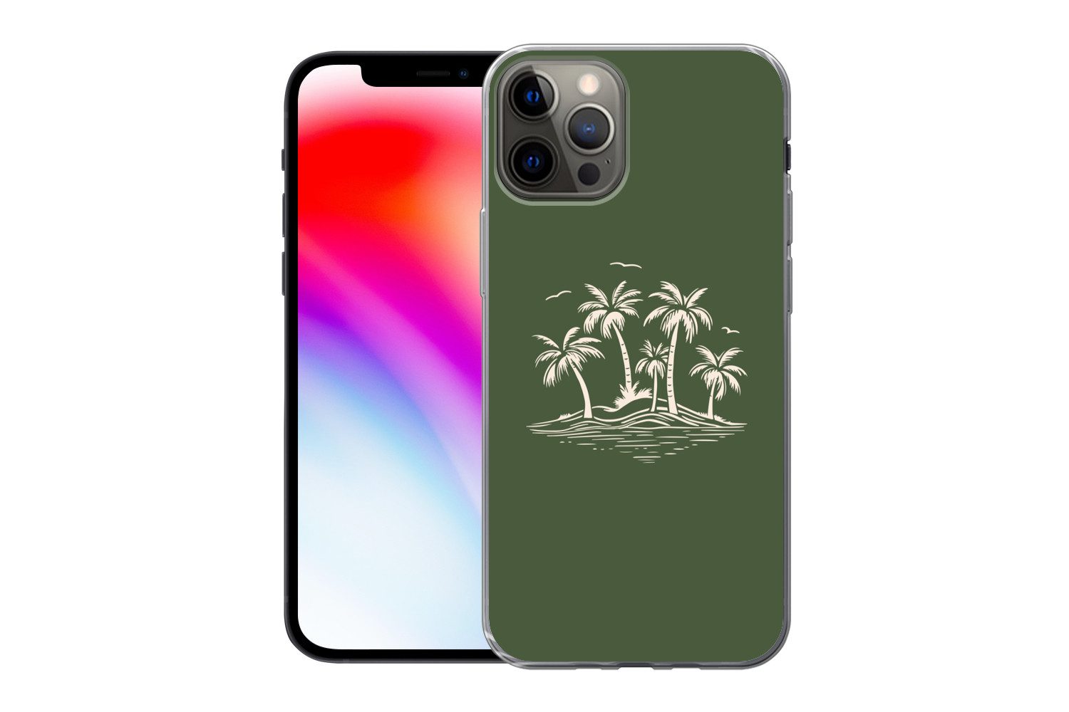 MuchoWow Handyhülle für Apple iPhone 12 Pro Palmen - Strand - Grün - Beige - Tropisch, Smartphone-Bumper, Print, Handy Schutzhülle Dünn