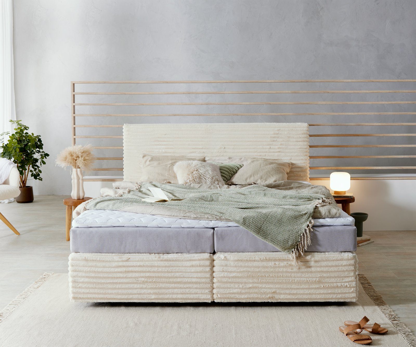 DELIFE Boxspringbett Dream-Well, Plüsch-Cord Beige 180x200 günstig online kaufen