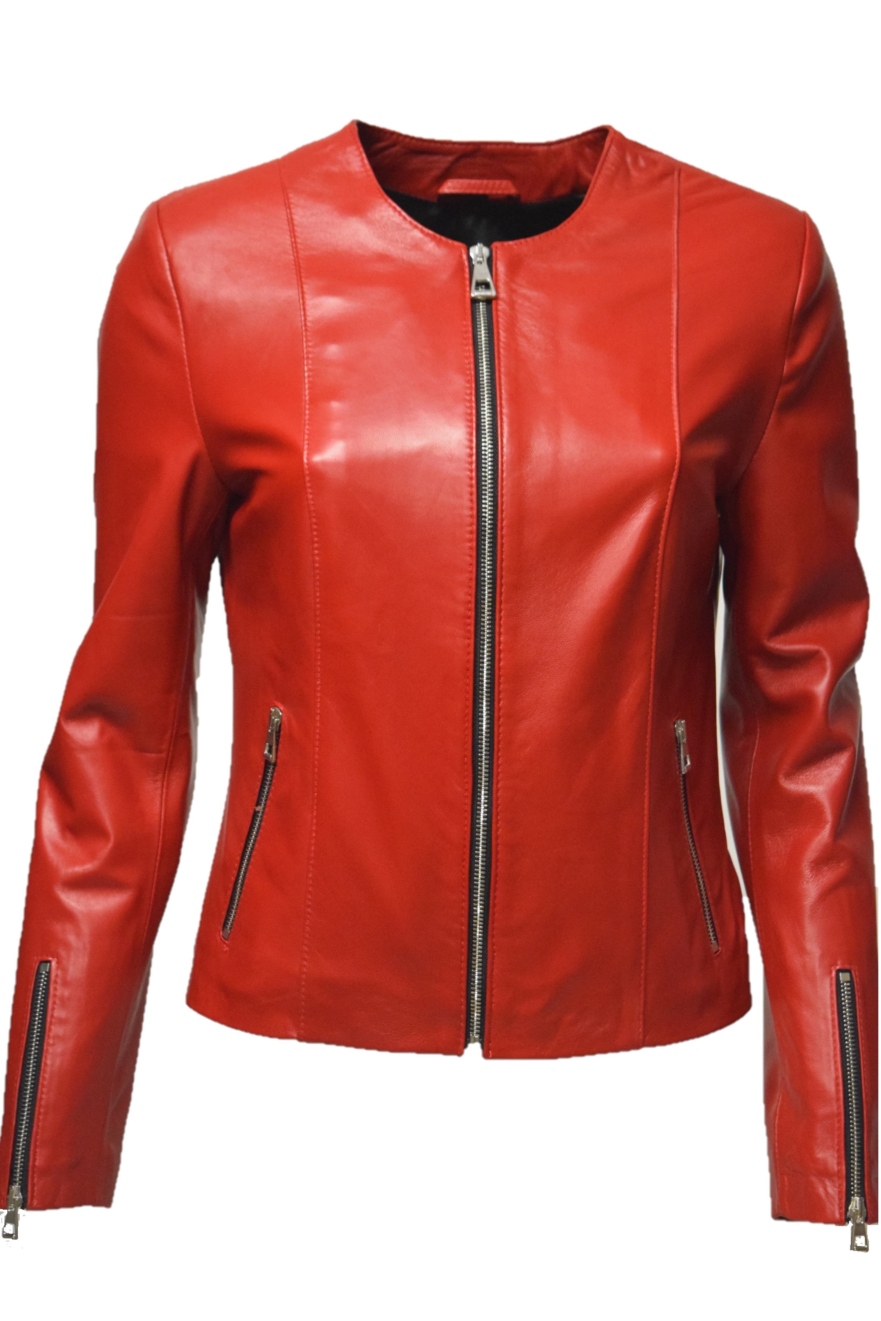 Leather Zimmert Kragenlos rot Lederjacke Linda