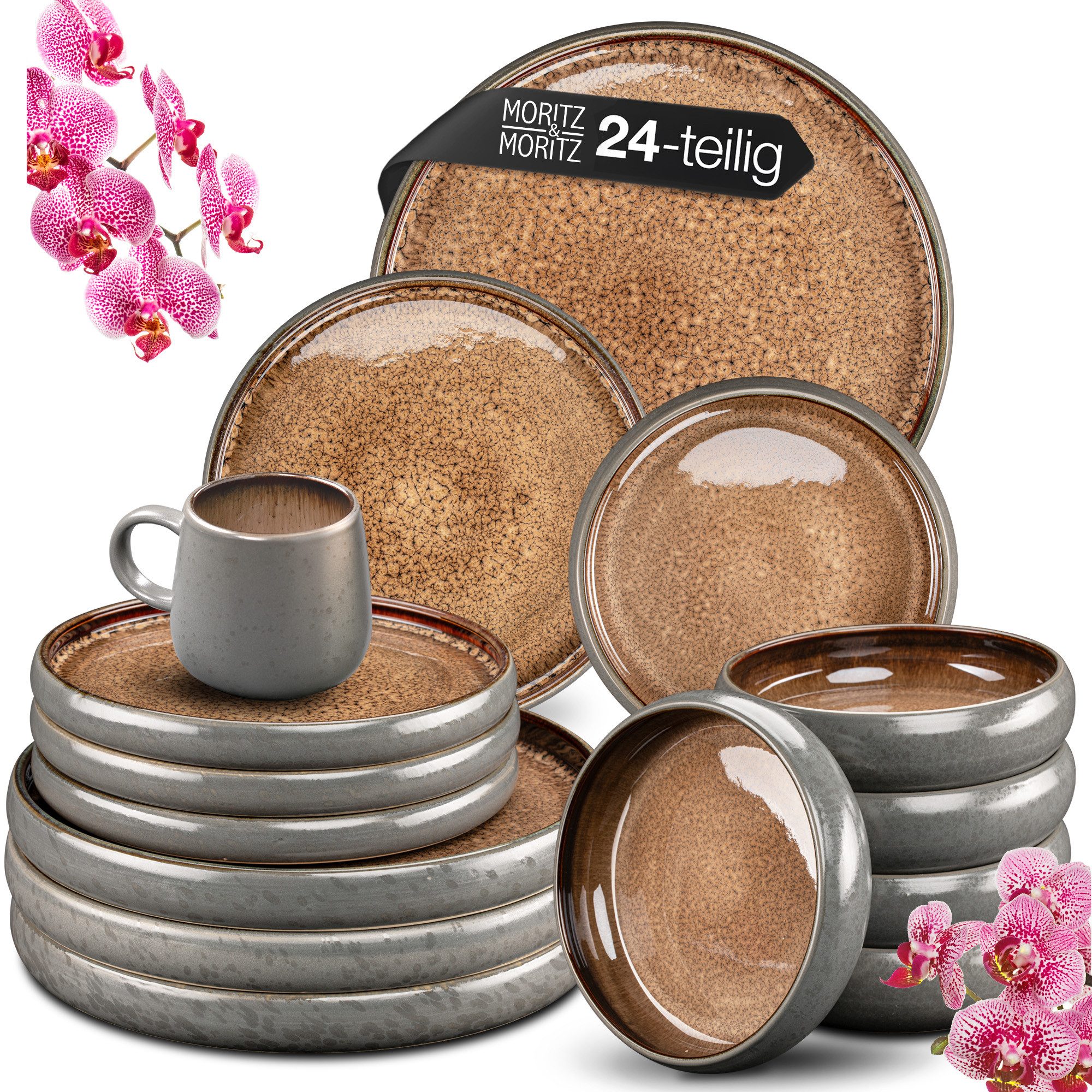 Moritz & Moritz Tafelservice SOLID 24tlg Geschirrset mit Tasse Beige (24-tlg), 6 Personen, Steinzeug, Kombigeschirr für 12 Personen