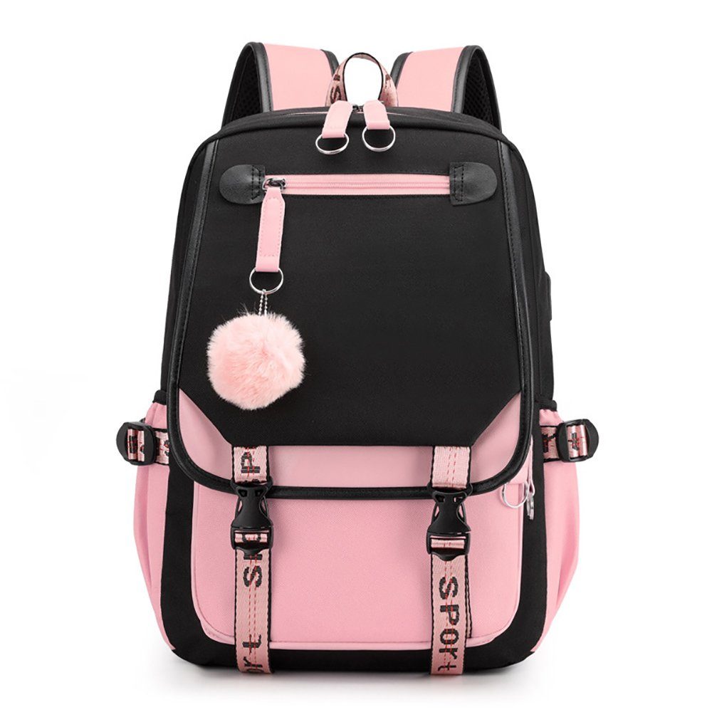GelldG Rucksack Schulrucksack, Schulranzen mit Schultaschen Set, Freizeit Rucksack schwarz,rosa