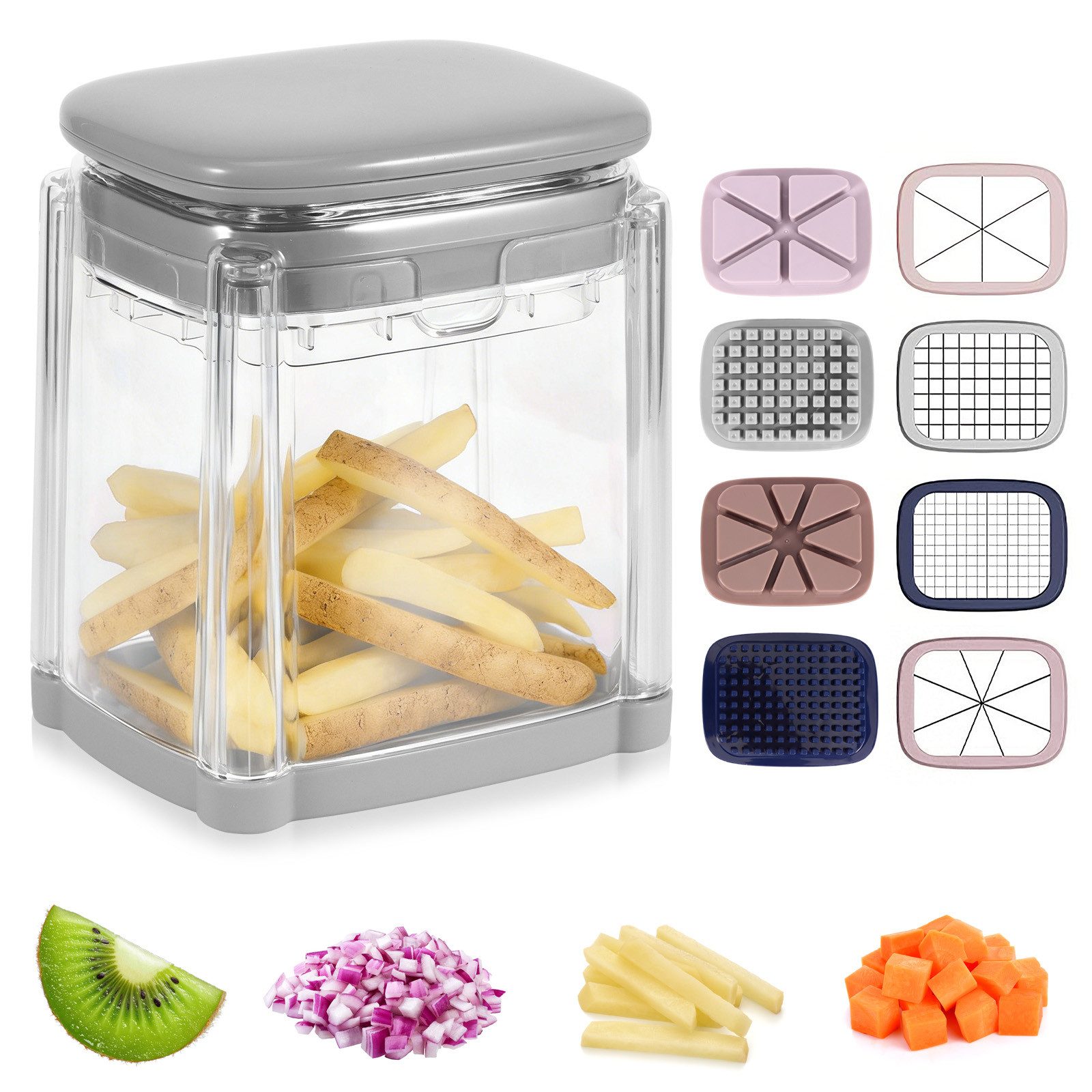 BlingBin Gemüseschneider 4-in-1 Pommesschneider Kartoffelschneider & Schneider mit 4 Klingen, Mehrzweck Gemüseschneider für Pommes, Gurke, Karotte, Zwiebel und Obst