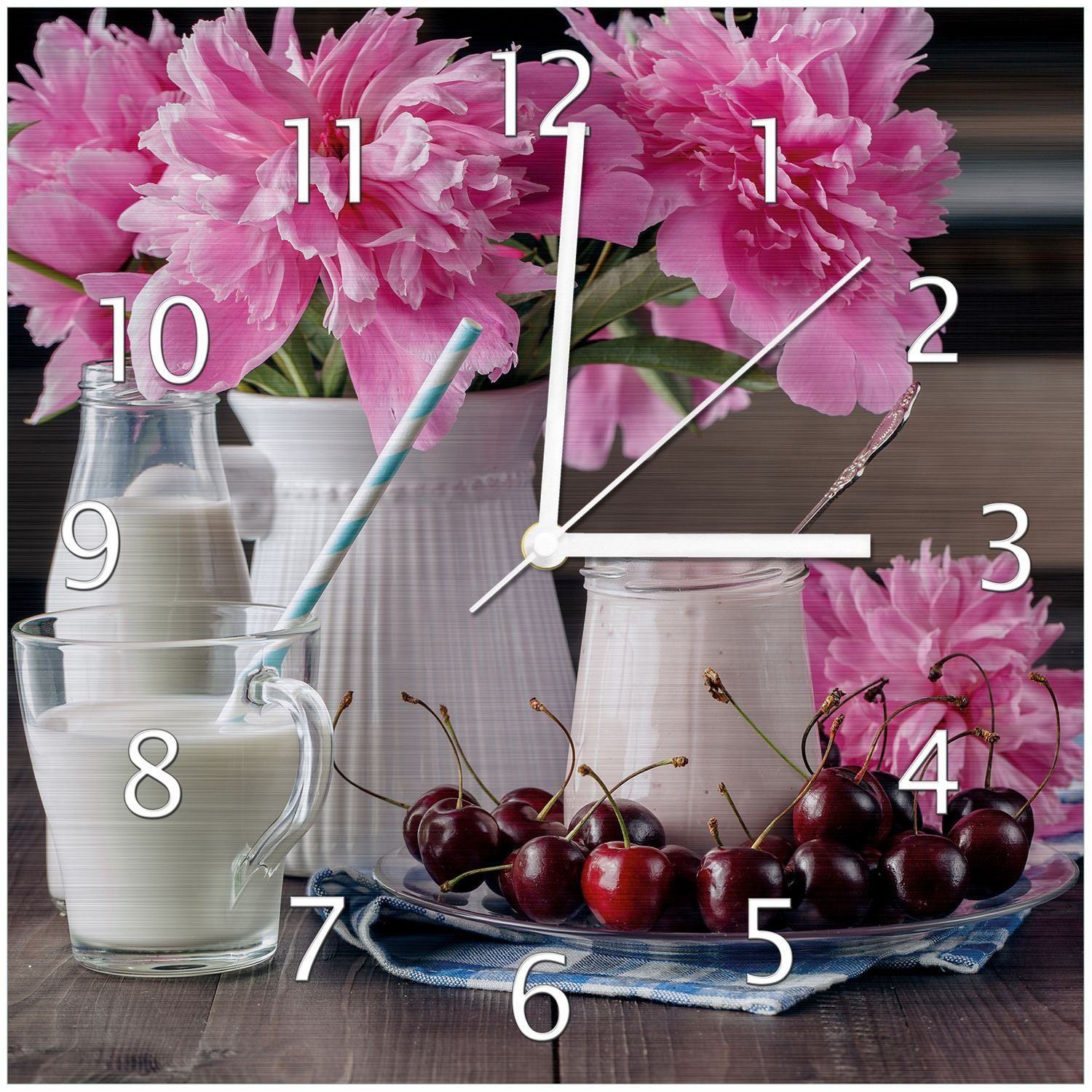 (Aluverbunduhr) Blumenarrangement Frühstück mit Wanduhr mit Milch rosa zum Wallario Kirschen