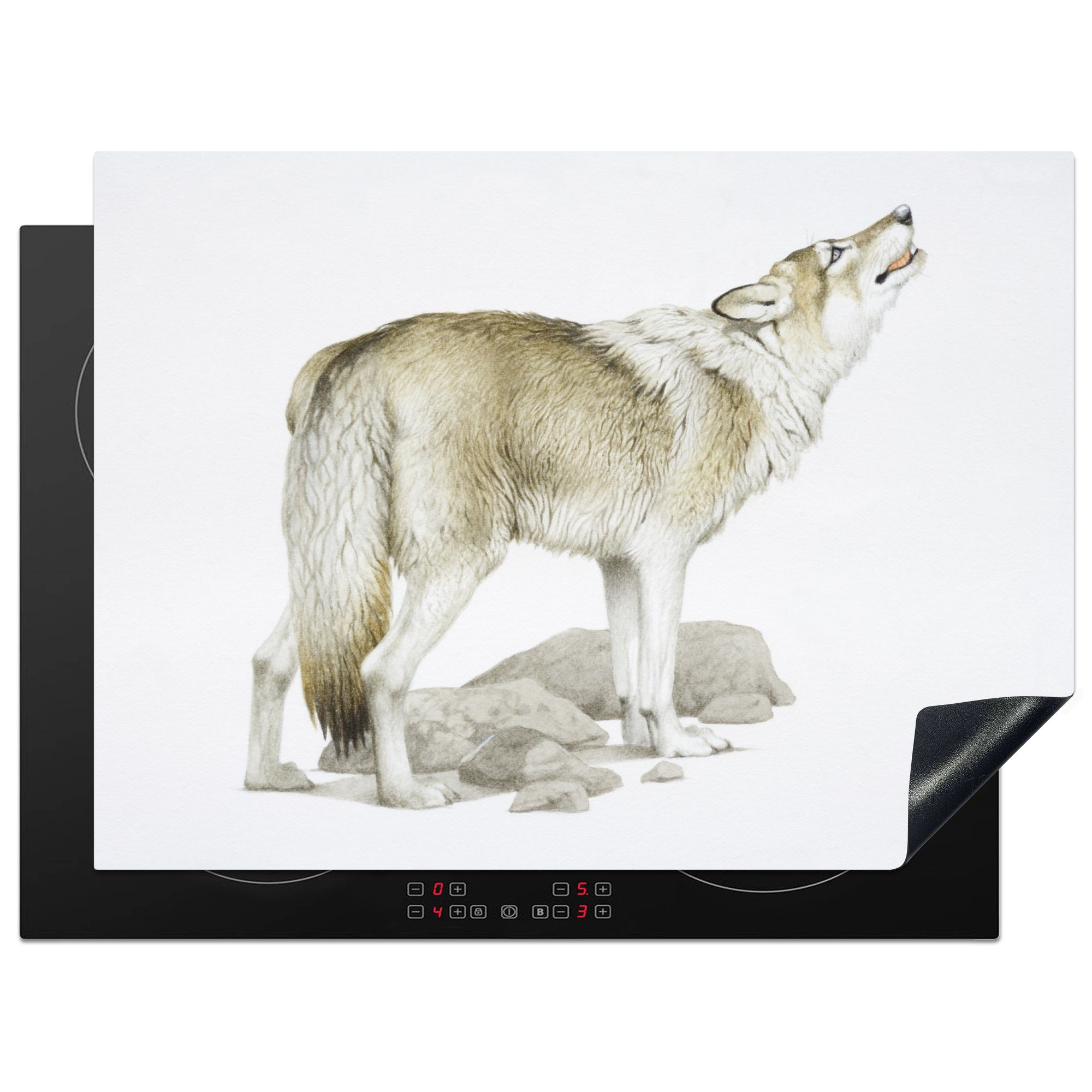 MuchoWow Herdblende-/Abdeckplatte Wolf - Steine - Weiß, Vinyl, (1 tlg), 70x52 cm, Mobile Arbeitsfläche nutzbar, Ceranfeldabdeckung