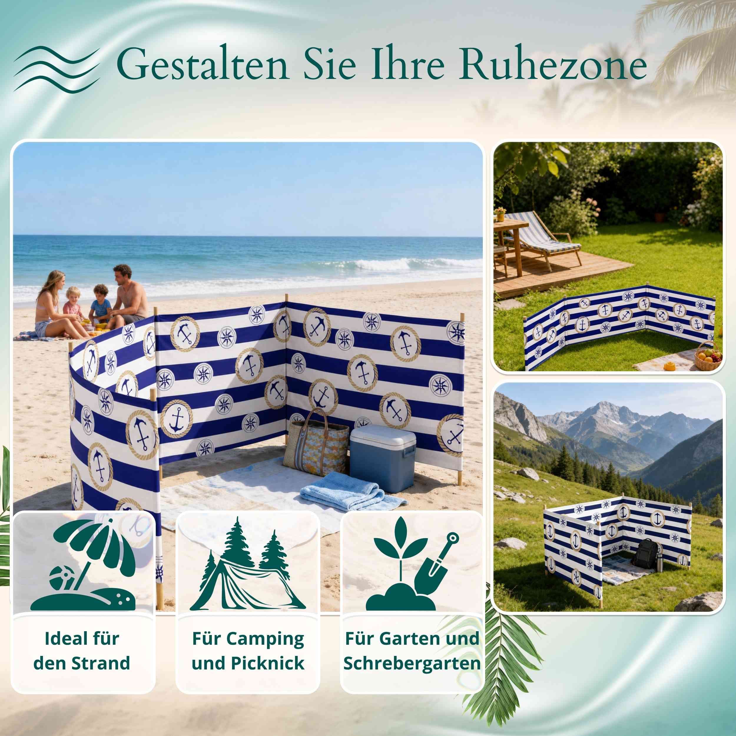 Lantigo Windschutz Sichtschutz Sonnenschutz Strandparavent aus Mikrofaser – portabel, (Anker im Kreis, Länge: 4 m), - Faltbarer Sonnenschutz für Strand, Camping – Bild 5 von 5