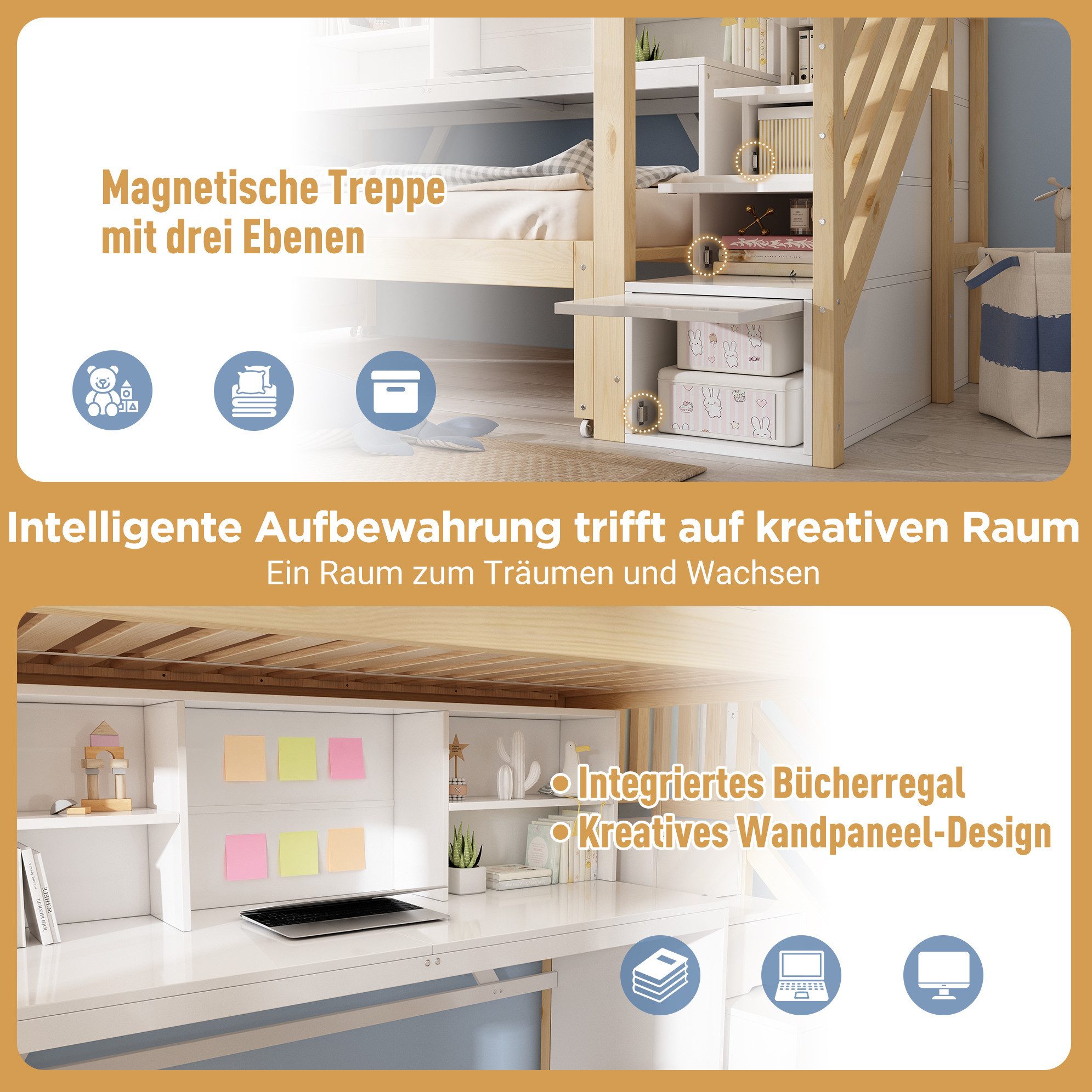 REDOM Etagenbett Design-Kinderbett – Schreibtisch, Treppenschrank & Ausziehbett (Packung, 90×200 + 90×190 cm, für moderne Räume), Rollen, Regal, ohne Matratze, Weiß+Eiche