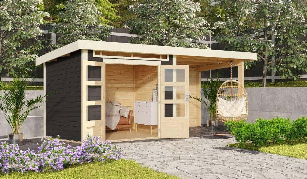 Kandern cm 612x303 Woodfeeling Karibu Gartenhaus BxT: Gartenhaus Beige mit Rückwand, Anbaudach Karibu und