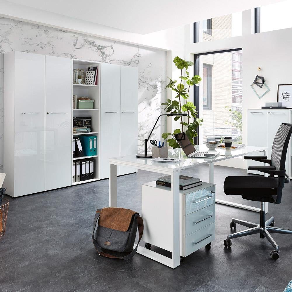 Lomadox Schreibtisch mit MONTERO-01, Design Design mit Glasplatte weißen Glasfronten