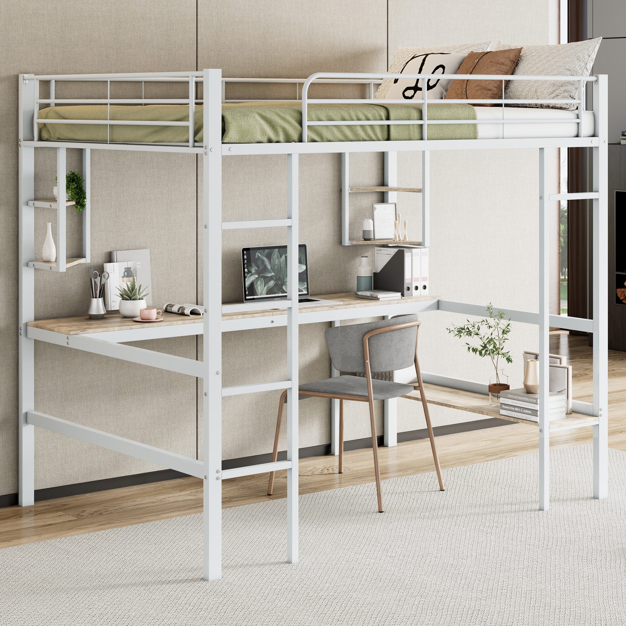 MODFU Hochbett Metallbett mit Geländer (Jugendbett, Stockbett, mit Schreibtisch & Regal, 140x200cm) ohne Matratze