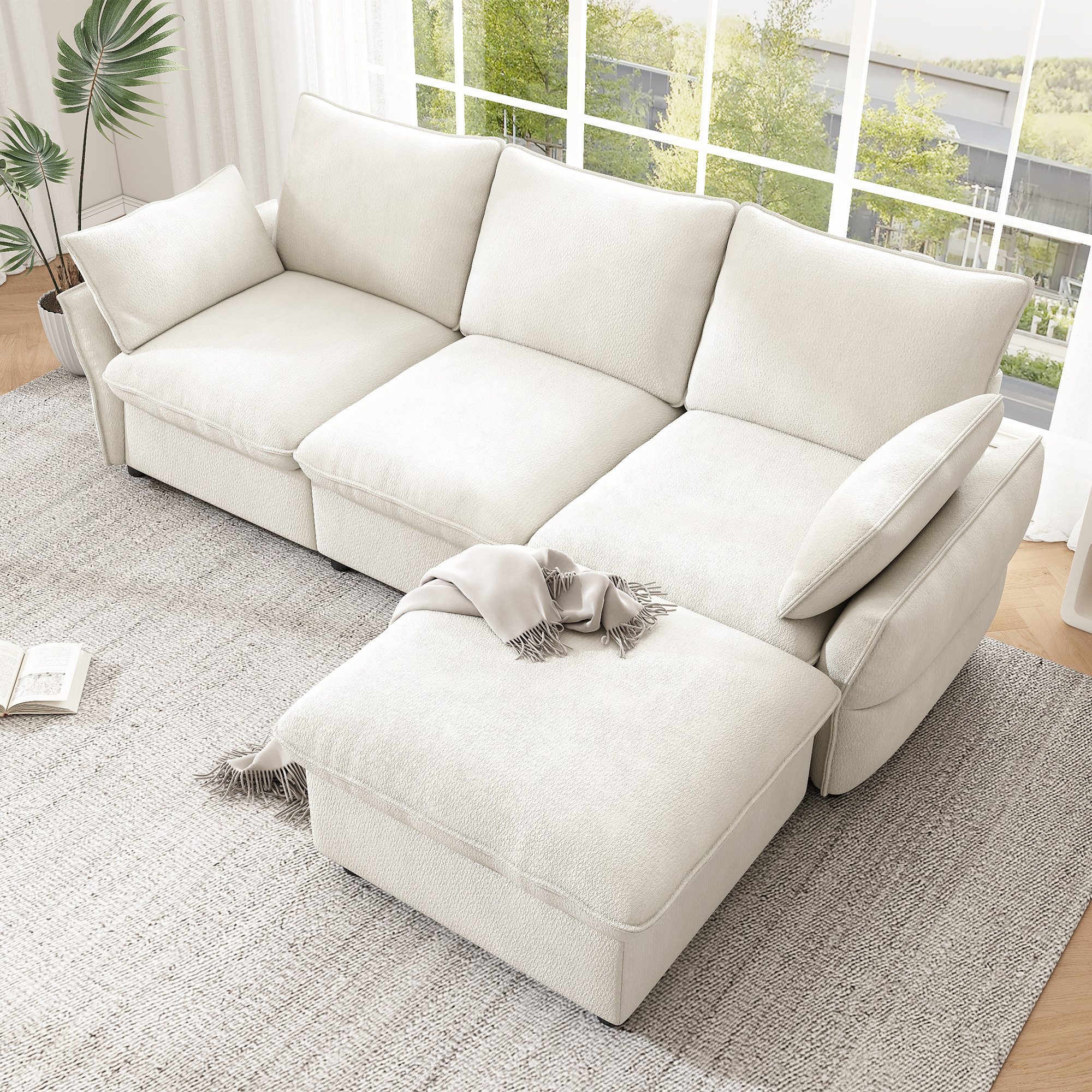 Flieks Ecksofa 3-Sitzer Sofa inkl. 1 Hocker & 2 Zierkissen, 222,5×154,5×76,5 cm 1 Teile, L-Form Couch Chaiselongue mit Schlaffunktion, Chenille, Beige