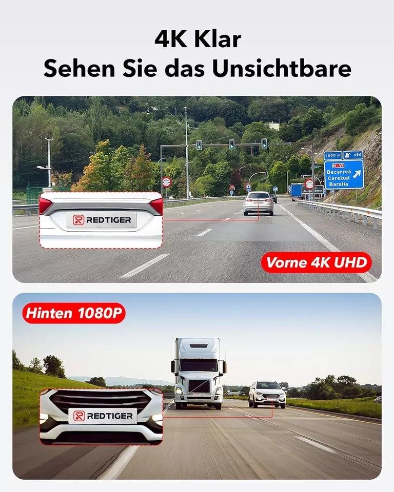 REDTIGER Nachtsicht 360° Sichtfeld 170° Weitwinkel Auto Dashcam (Vorne 4K UHD, Hinten 1080P, WLAN (Wi-Fi), mit 128 GB Karte, GPS,WiFi,24-Stunden-Parkmonitor)