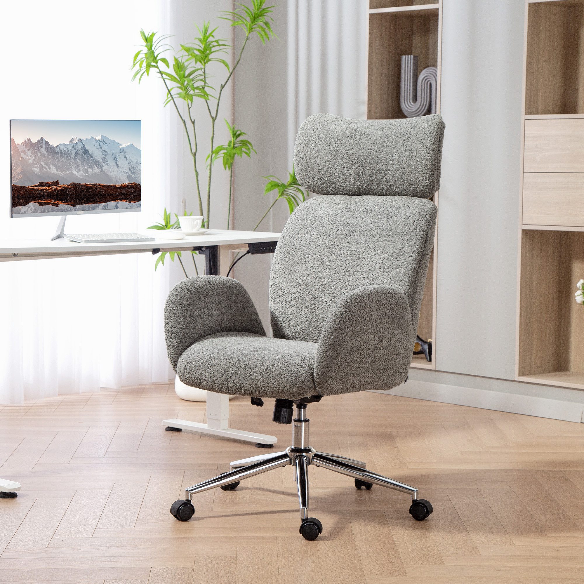HOMCOM Bürostuhl Schreibtischstuhl Drehstuhl mit Armlehne verstellbare Kopfstütze (Homeoffice Stuhl, 1 St), mit Wippfunktion, Bouclé-Optik, Dunkelgrau