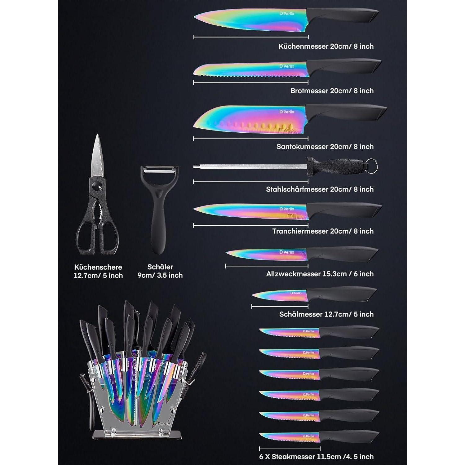 LuxusKollektion Messerblock Messerblock 16 TLG Messer Set Regenbogen Titanbeschichtung