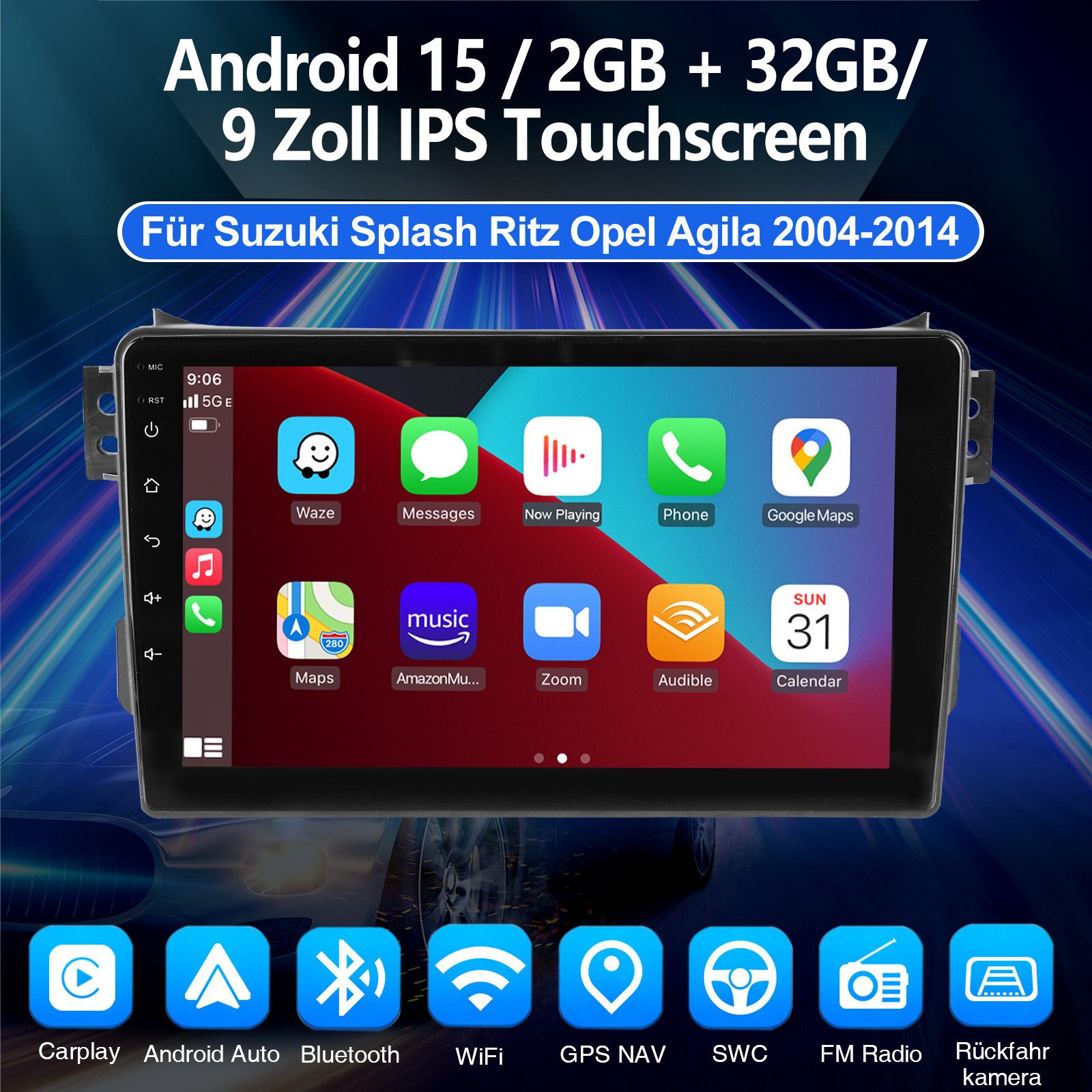 ESSGOO CarPlay 128G Für Opel Agila B 04-14 Suzuki Splash Autoradio Android 15 Autoradio (DAB+ (optional), AM, FM, RDS, 4+64GB(optional)