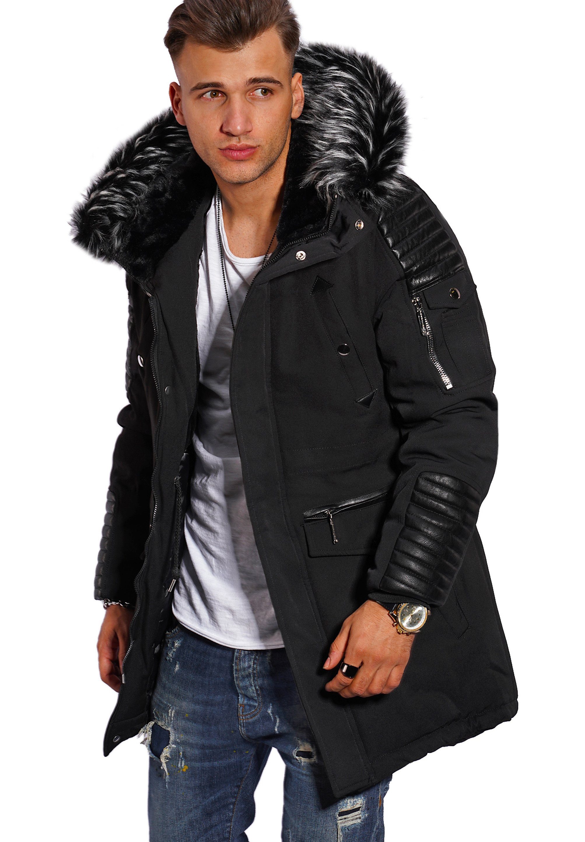 Parka Puffer Schwarz-Black Kunstfell Parka Style-Division S2HOLMSBU Kapuze Lang & mit Jacke