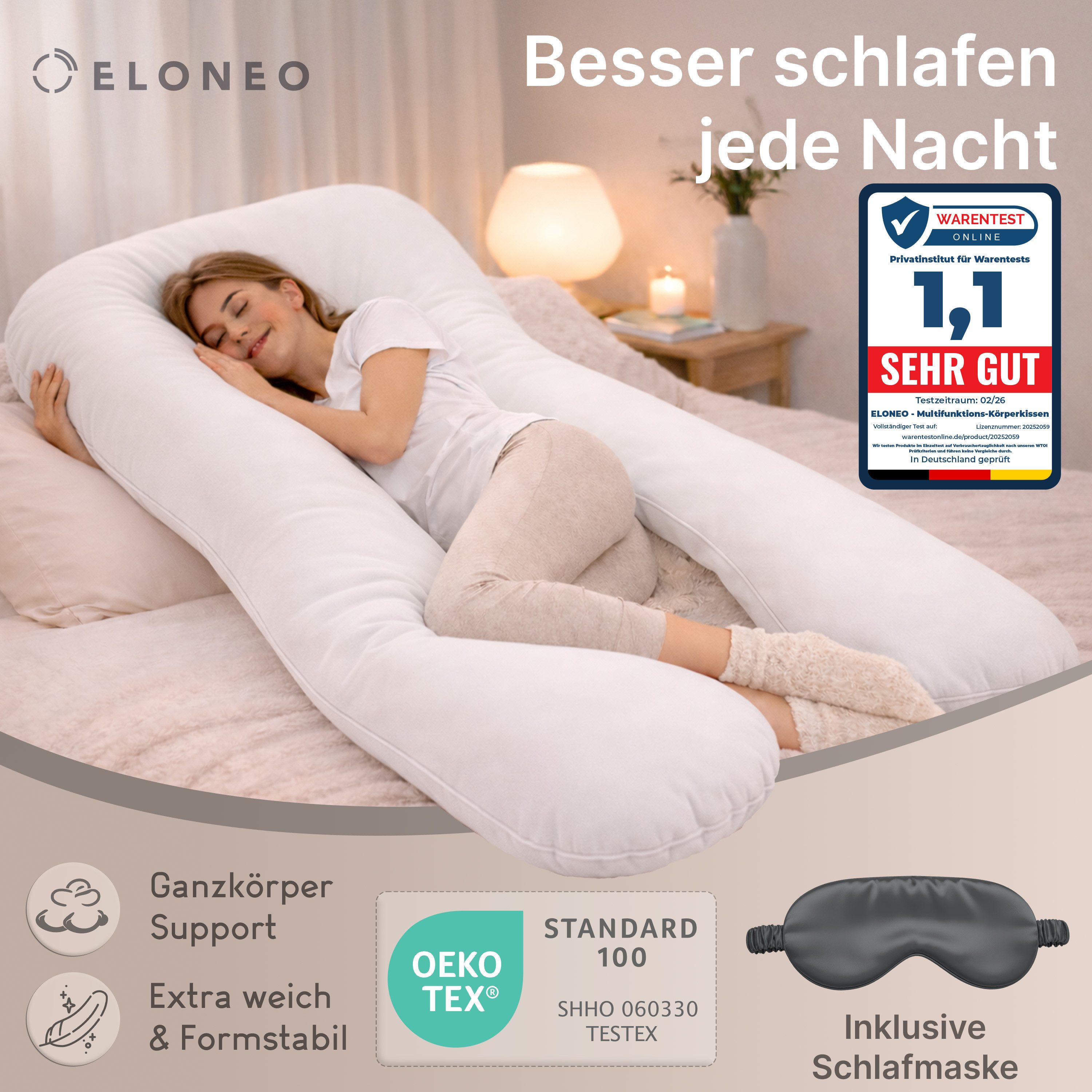 ELONEO Seitenschläferkissen XXL - Multifunktionskissen mit Bezug, formstabil, druckentlastend, bequem