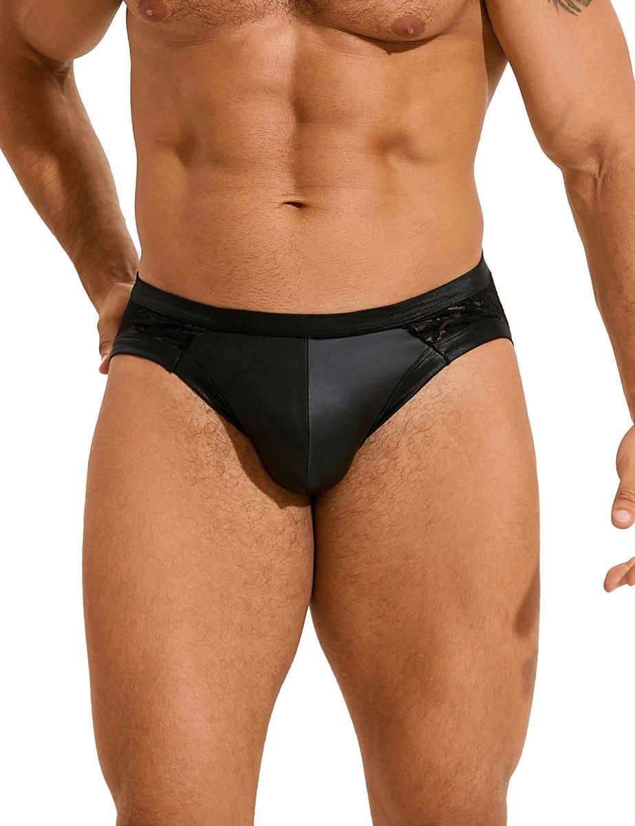 Lau-Fashion Slip Herren Spitze Wetlook Lack Leder Slip Transparente Unterwäsche M/L/XL