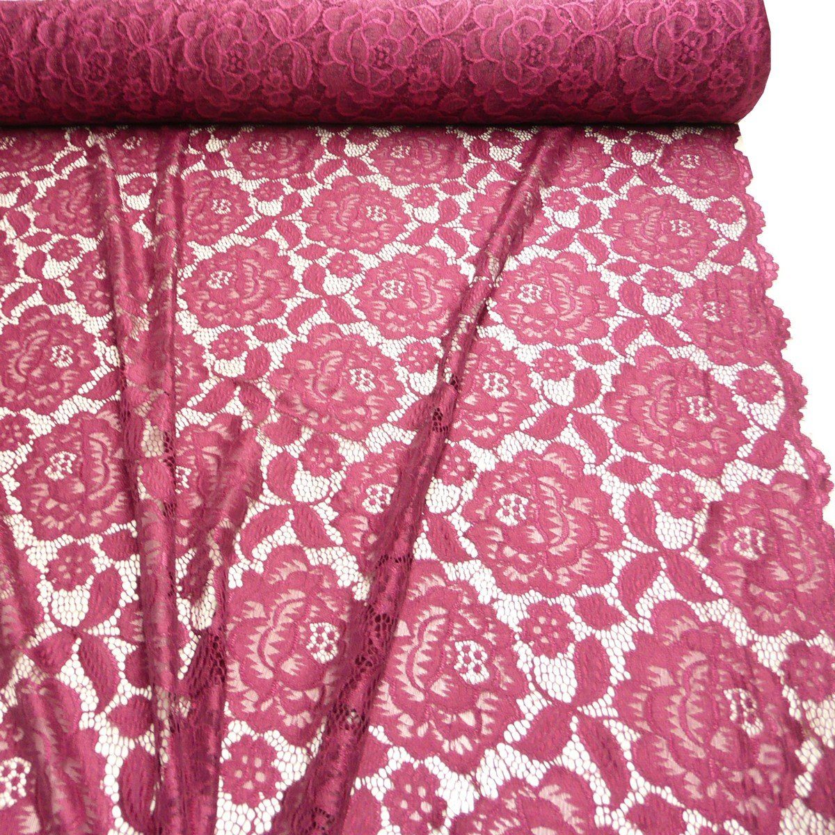 SCHÖNER LEBEN. Stoff Elastische Spitze Blumen mit Wellen Abschluss beidseitig fuchsia pink