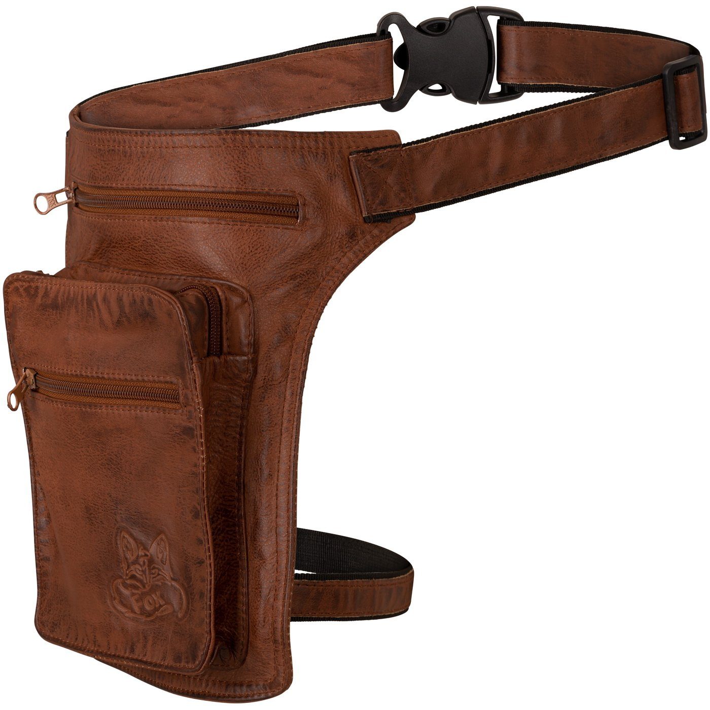 BLACK FOREST FOX Umhängetasche Leder Hüft Gürtel Bauch + Beintasche Herren Damen, RIDER Fuchs Braun