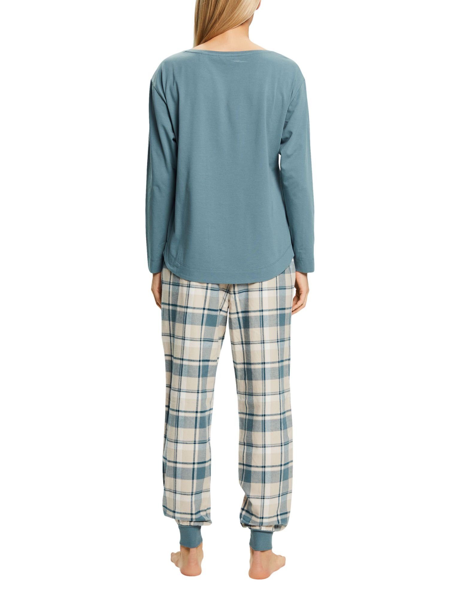 Flanell Pyjama NEW aus TEAL Esprit kariertem Pyjama-Set BLUE
