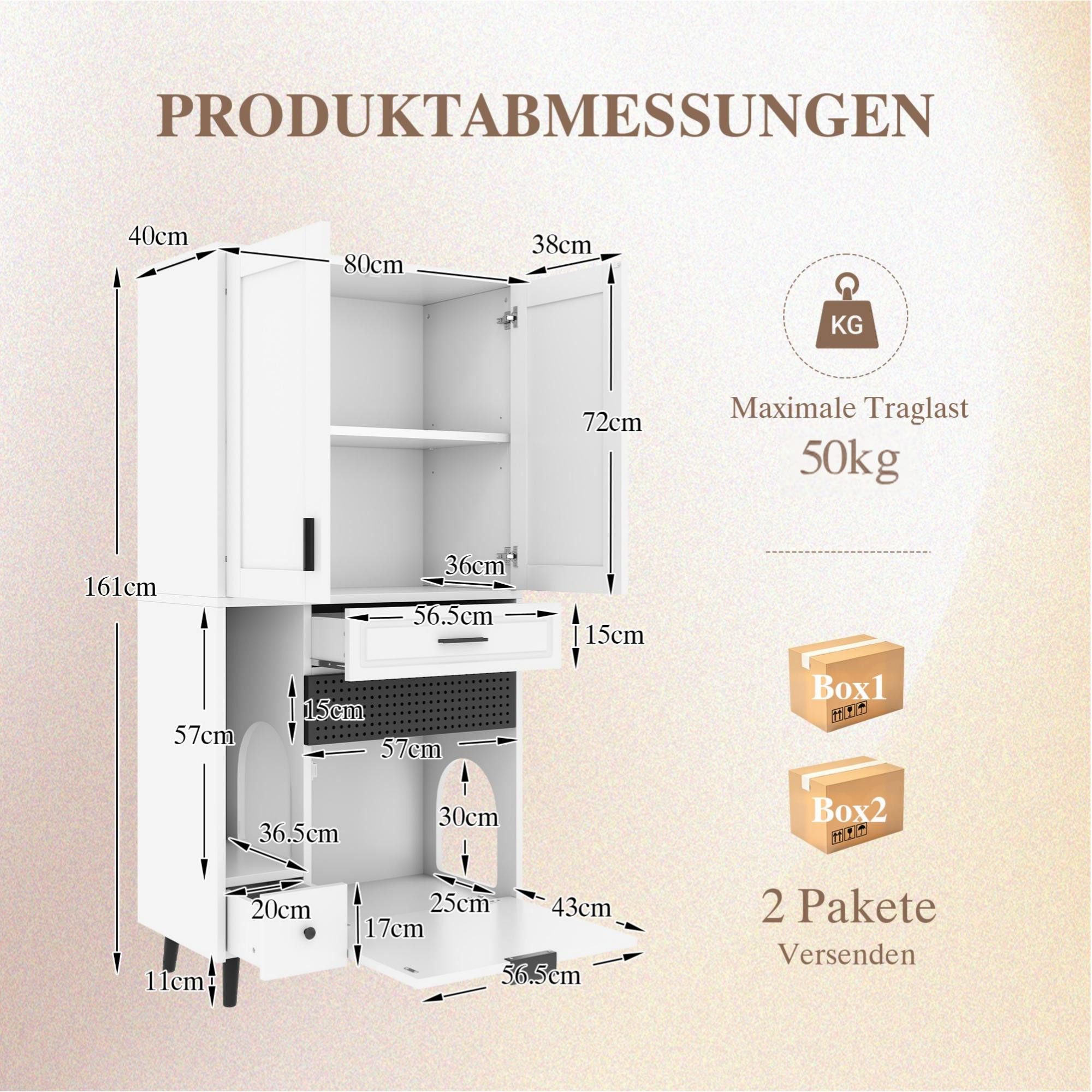LVHOM Hochschrank 80x40x161cm, Katzenkloschrank, Katzenhaus, Tierhaus mit Bogentür (4 Staufächer + 2 Schubladen, höhenverstellbarer oberer Einlegeboden, geräuschloses Öffnen und Schließen, Tragkraft 50 kg) geeignet für Wohnzimmer, Schlafzimmer, Büro und Arbeitszimmer