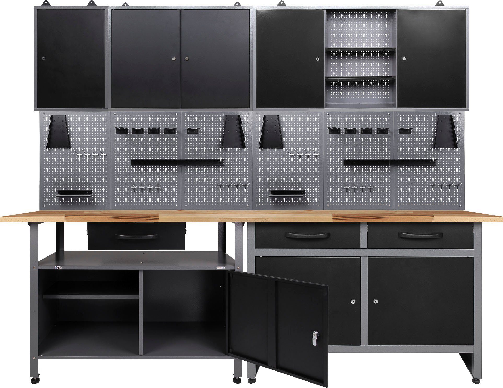 ONDIS24 Werkstatt-Set, 2x Werkbank, 2x Werkzeugwand, 3x Hängeschrank