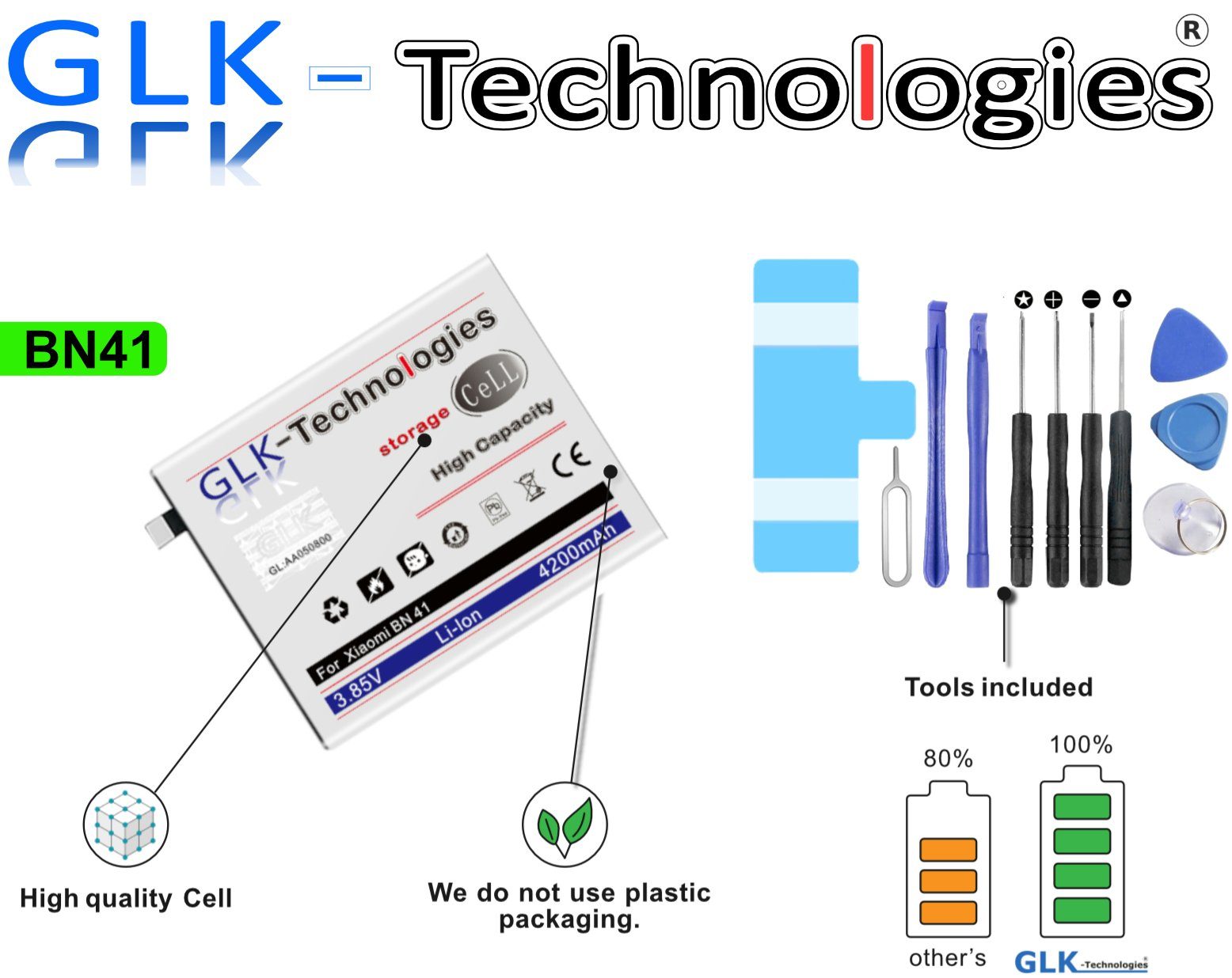 GLK-Technologies High Power Ersatzakku für Xiaomi Redmi Note 4 BN41, Original GLK-Technologies Battery, accu, 4280 mAh Akku, inkl. Werkzeug Set Kit NEU Smartphone-Akku 4280 mAh (3.85 V)