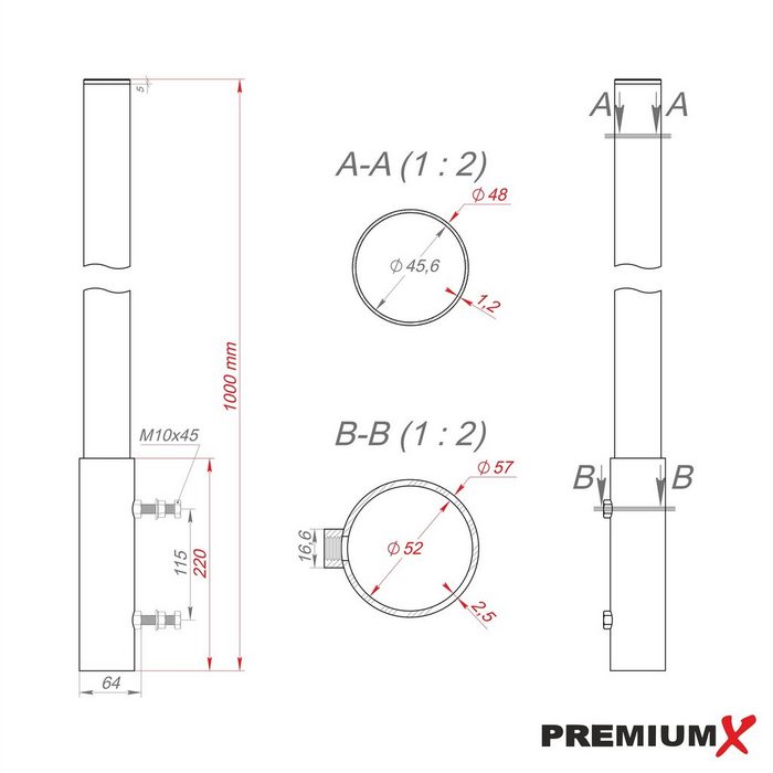 PremiumX Mastverlängerung 100 cm Ø 48 mm Stahl Mastaufsatz Antennenmast Verlängerung Sat-Mast-Halter mit Mastkappe SAT-Halterung