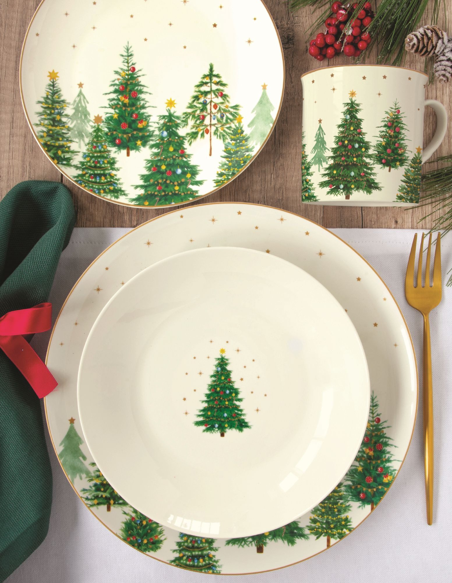 EasyLife Kuchenteller Festive Trees, Handwäsche empfohlen, Weiß, Tannebäume, ⌀ 19.5cm, Weiß, Tannebäume, H: