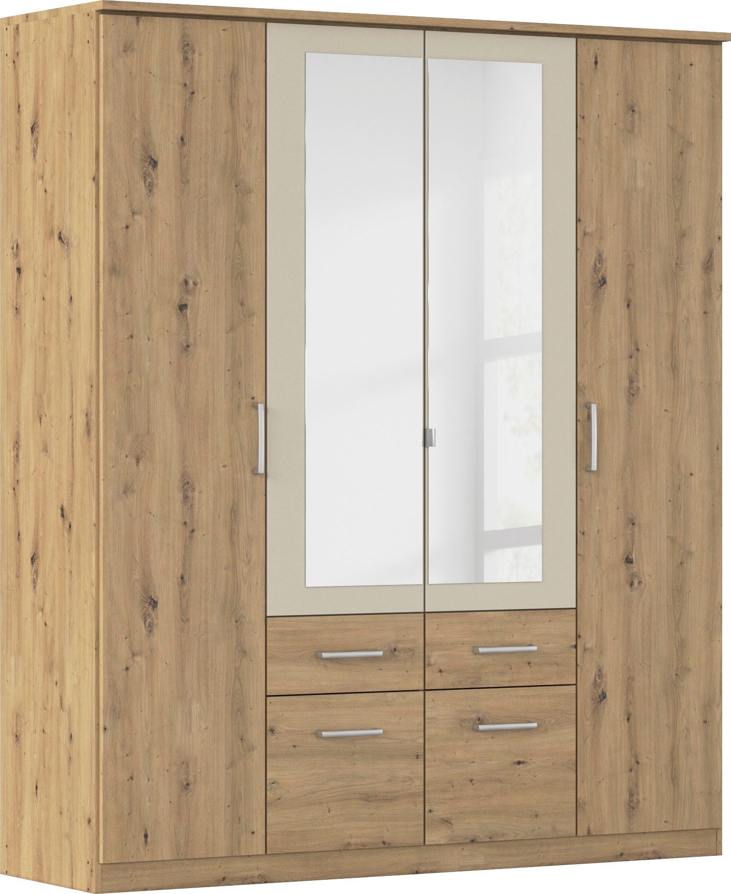 rauch Kleiderschrank Drehtürenschrank Schrank Garderobe BURANO mit Schubladen und Spiegelumrandung in Farbabsetzung MADE IN GERMANY