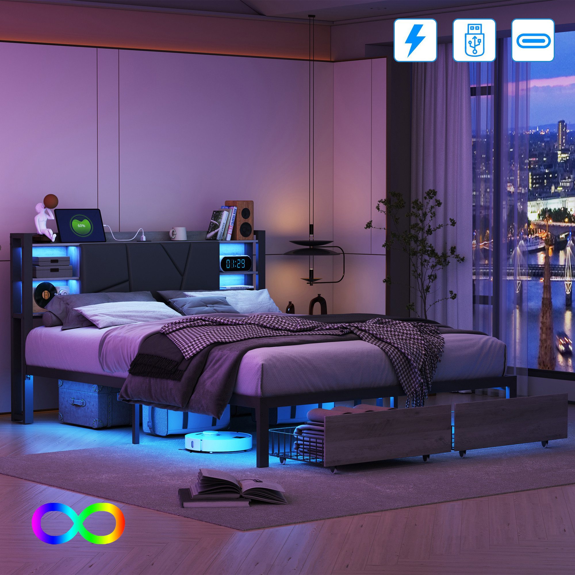 Furnishings Home Polsterbett LED Stauraumbett Doppelbett günstig online kaufen