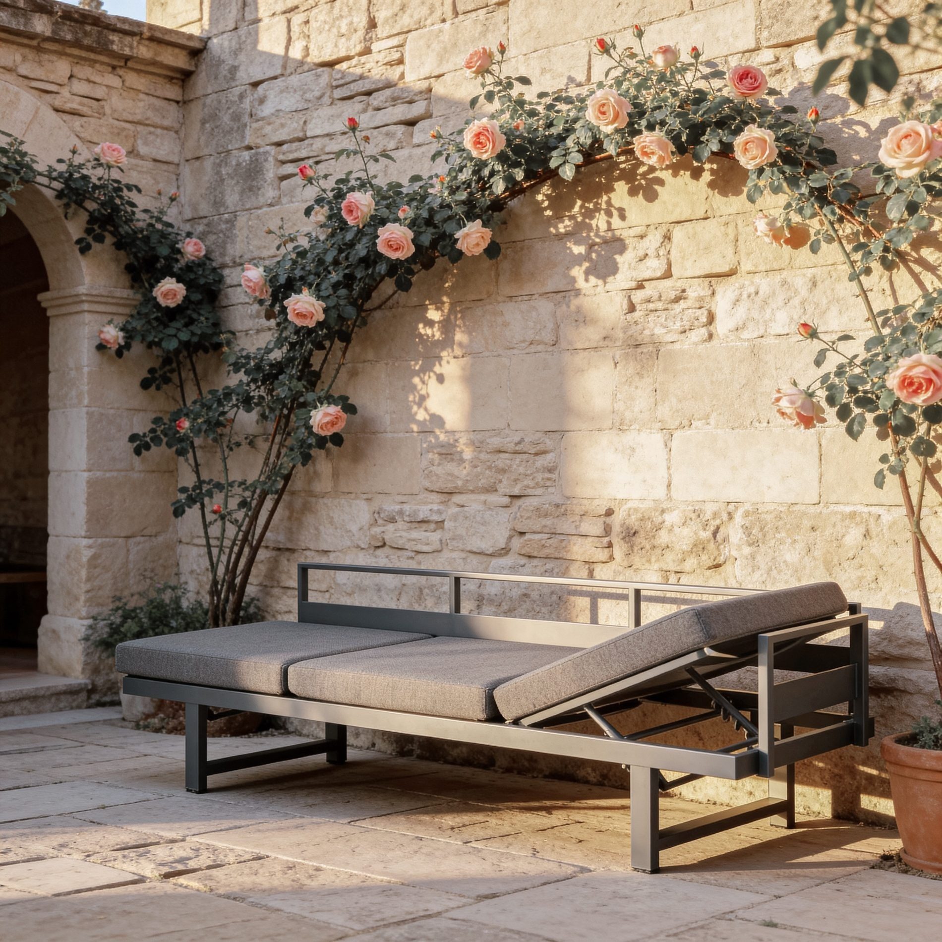 Liadomo Gartenlounge-Bank Callipo, Loungesofa, Outdoor-Sofa, Gartensofa (mit Liegefunktion, inkl. Polstern), 3-Sitzer-Multifunktionsliege, höhenverstellbare Seitenteile, Aluminium