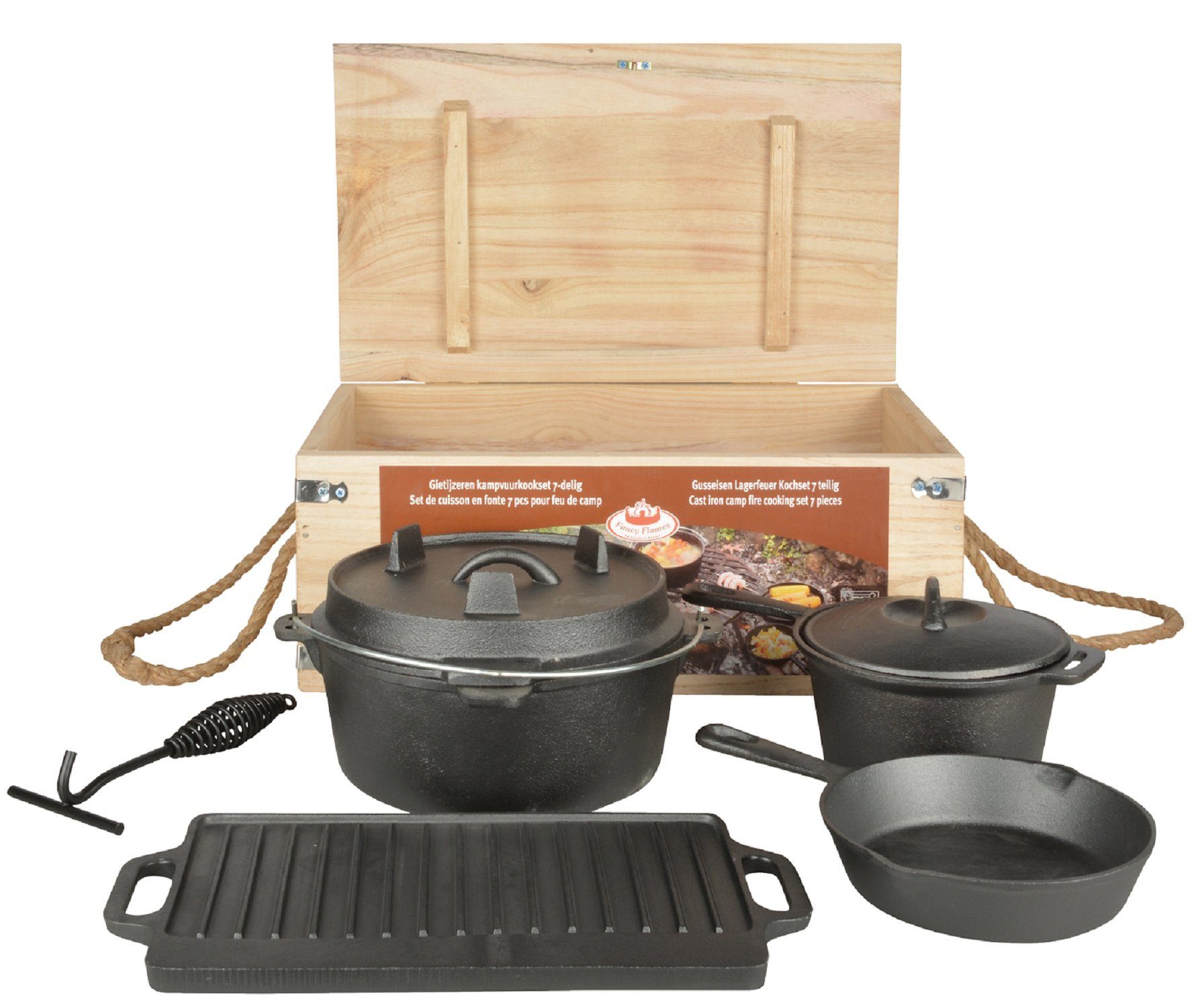 degawo Feuerschale Dutch Oven 7er Set Koch Topf Grill Pfanne Deckel Holz Box Kiste Guss, (1 Set Dutch Oven)