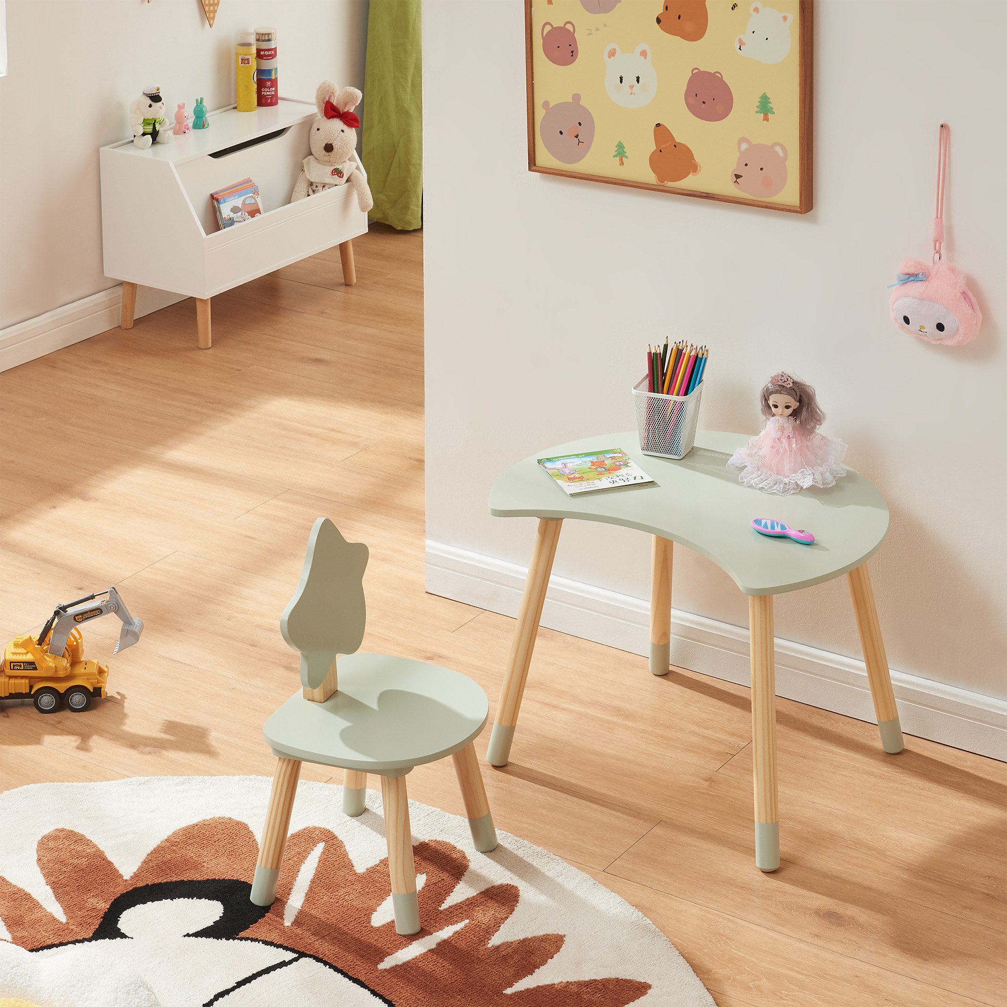 en.casa Kinderschreibtisch (Set, 2-St), mit Stuhl »Lallega« Kiefernholz + MDF Mintgrün